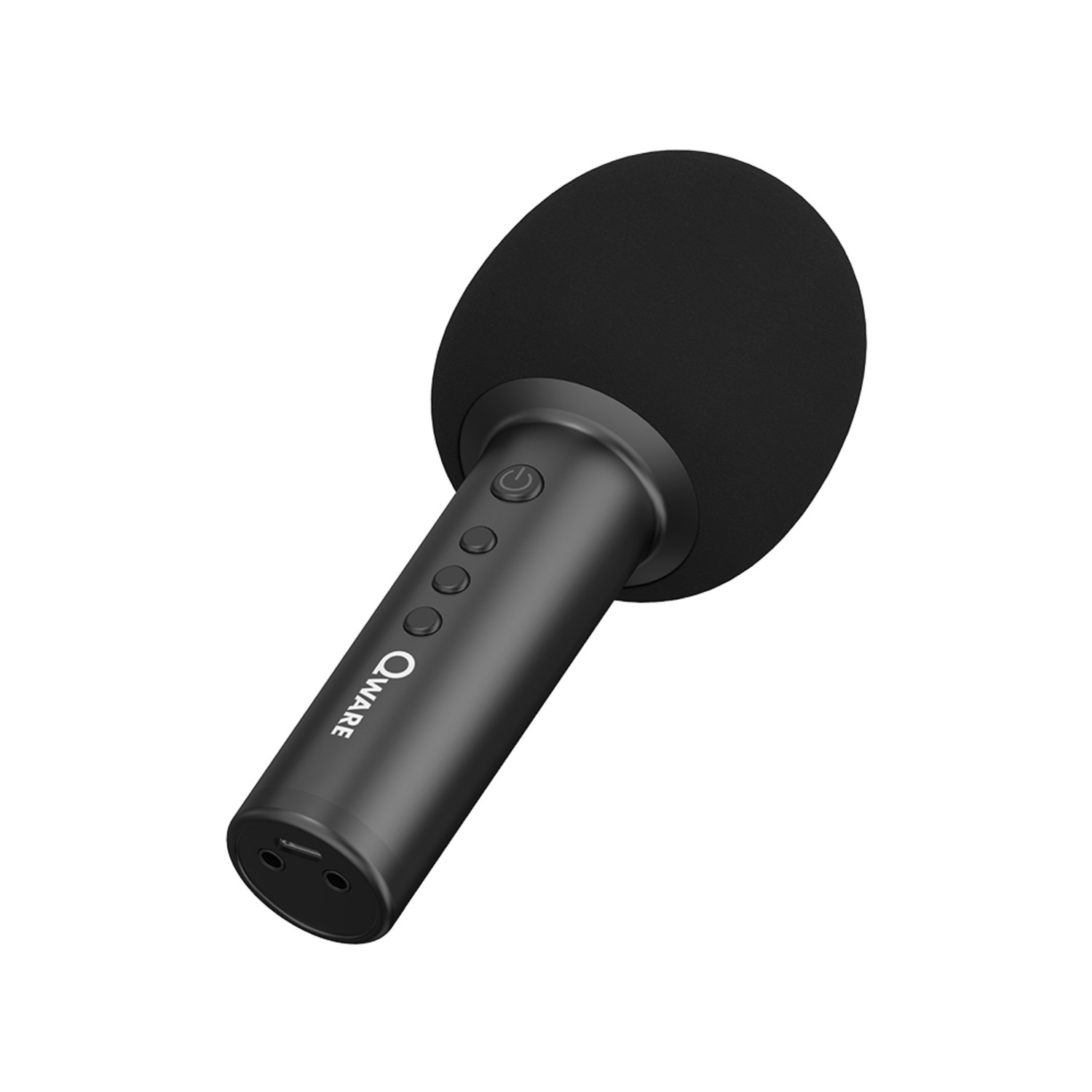 Black microphone with a foam cover and a few control buttons. Qware label on the side.