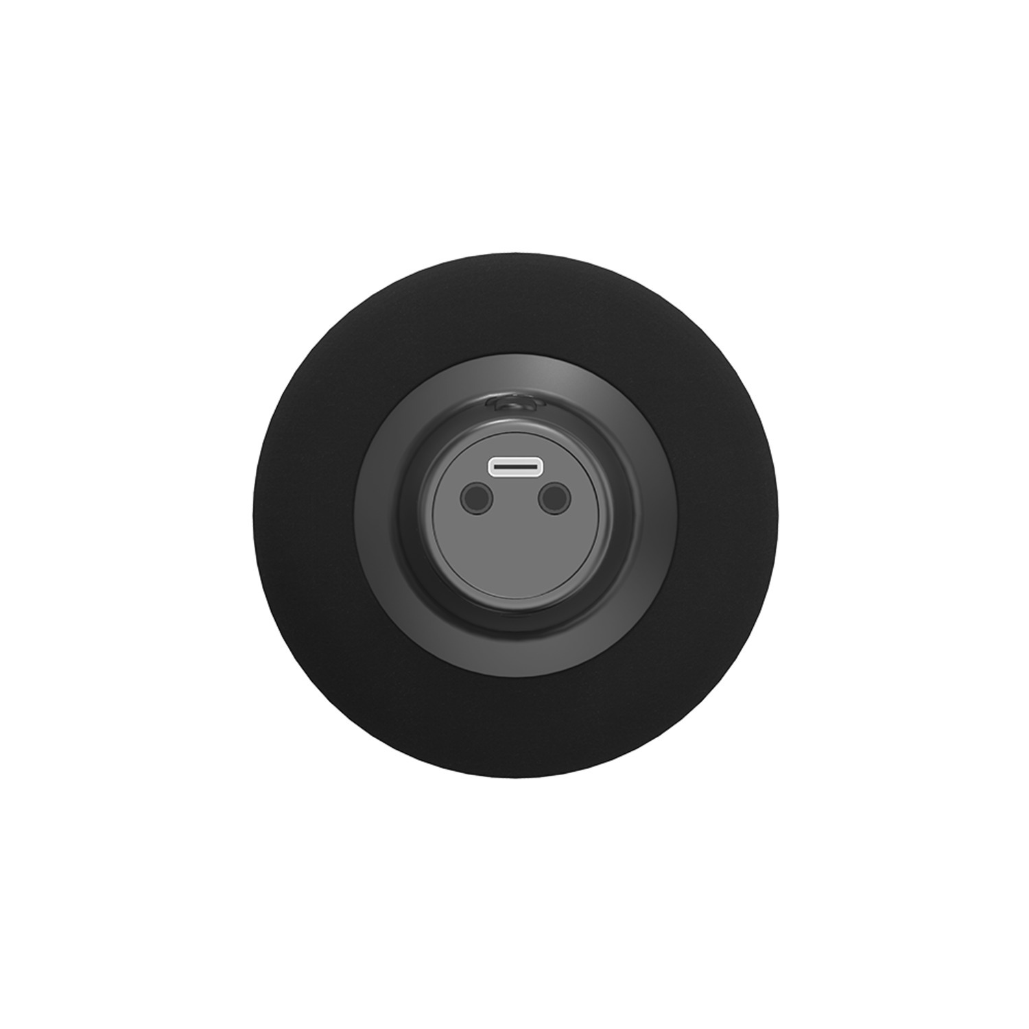 A black, round device with a USB-C port.