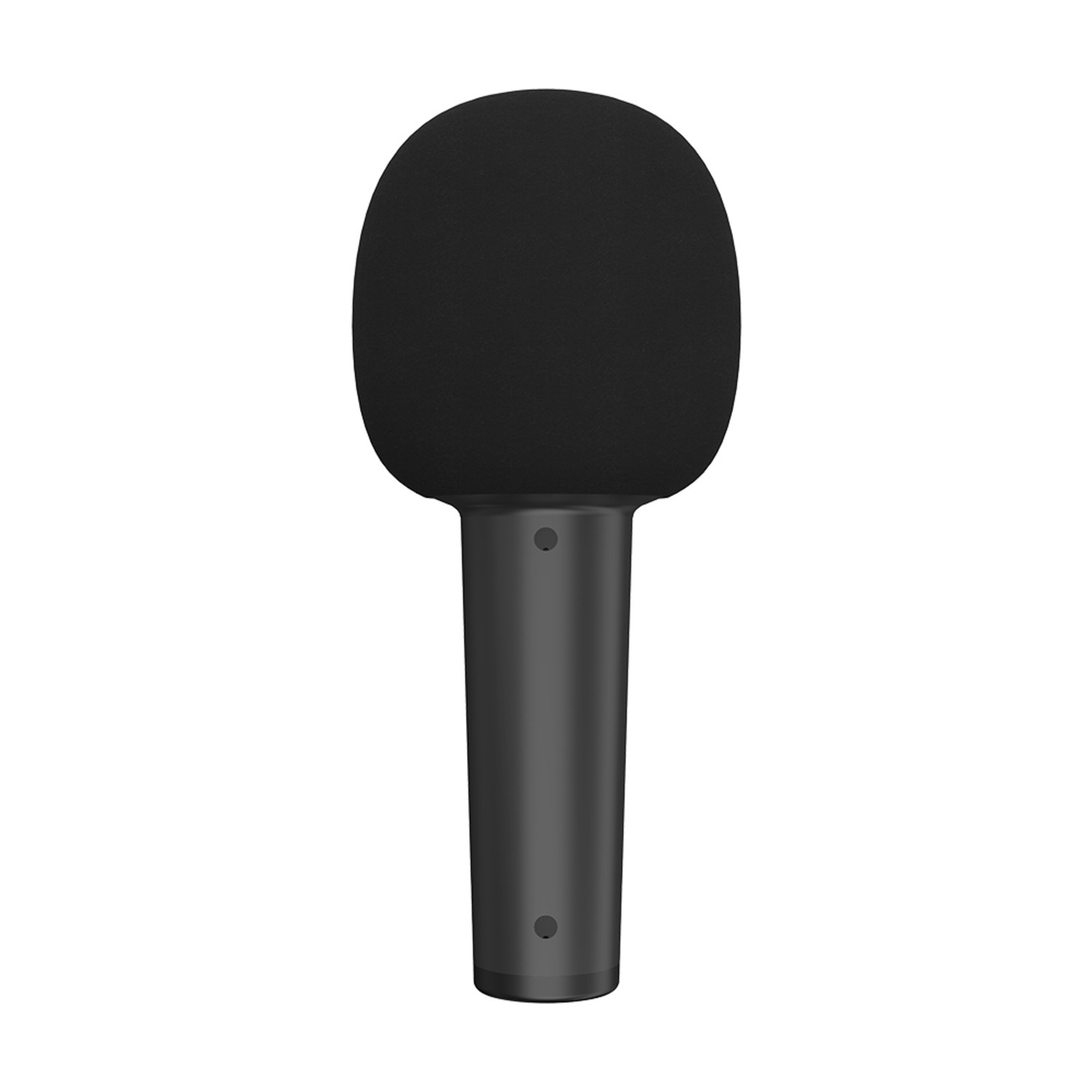 Black microphone with a rounded head and a long handle, white background.