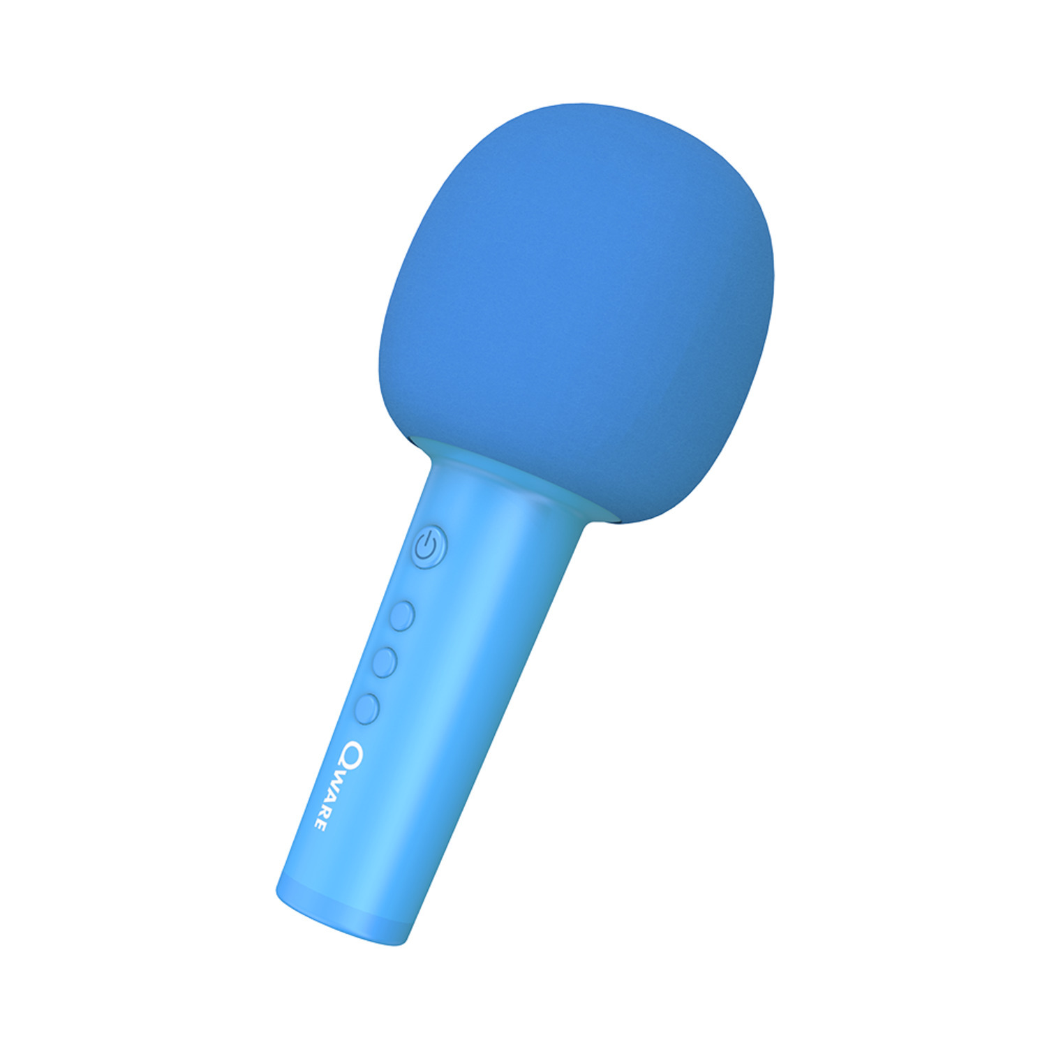 Un microphone bleu avec une housse en mousse bleue sur le dessus. La base est bleue.
