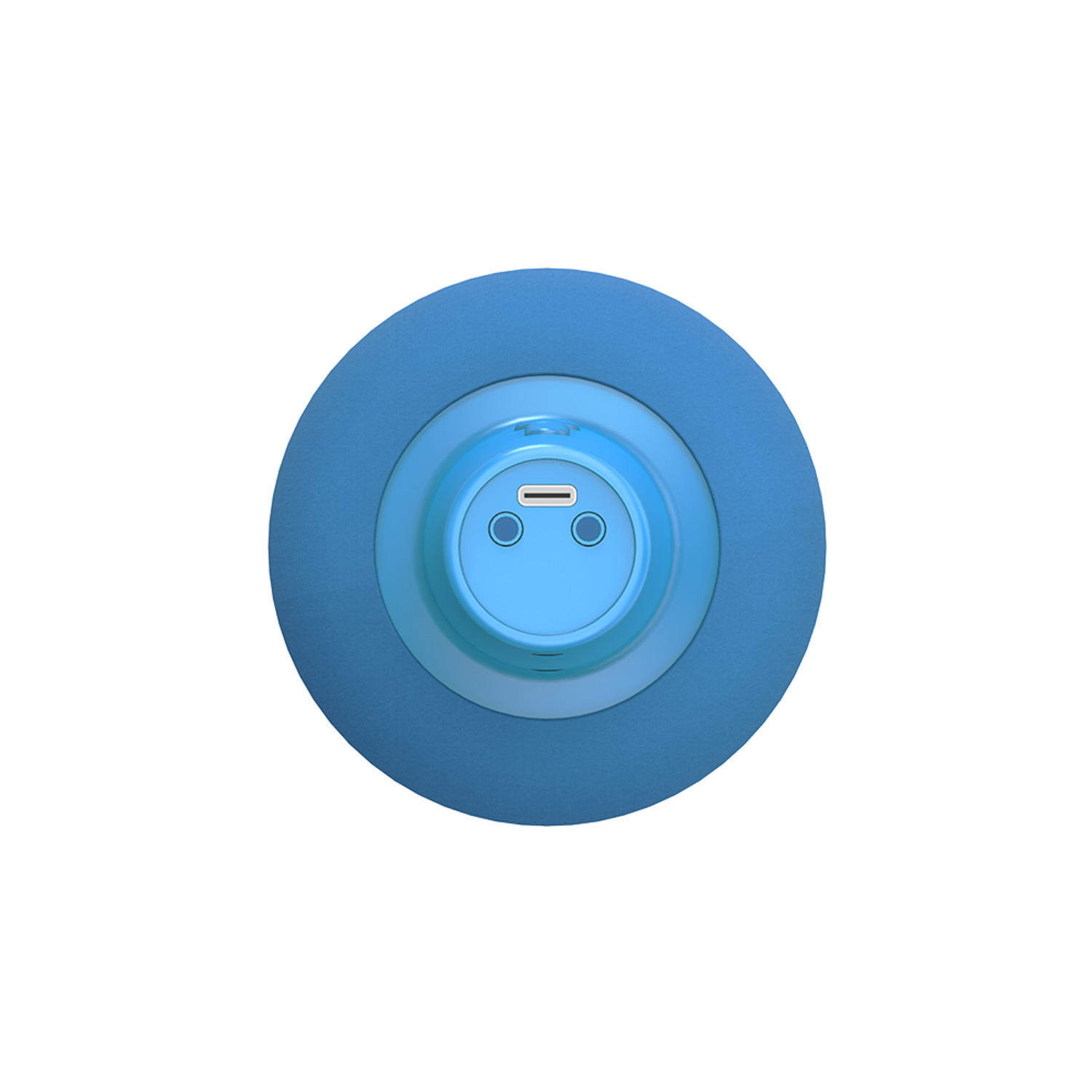Haut-parleur bleu avec design circulaire et deux ports.