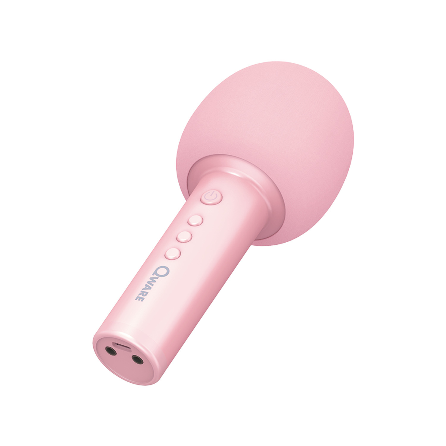 Een roze microfoon met verschillende knoppen en het 'Q Ware'-logo.