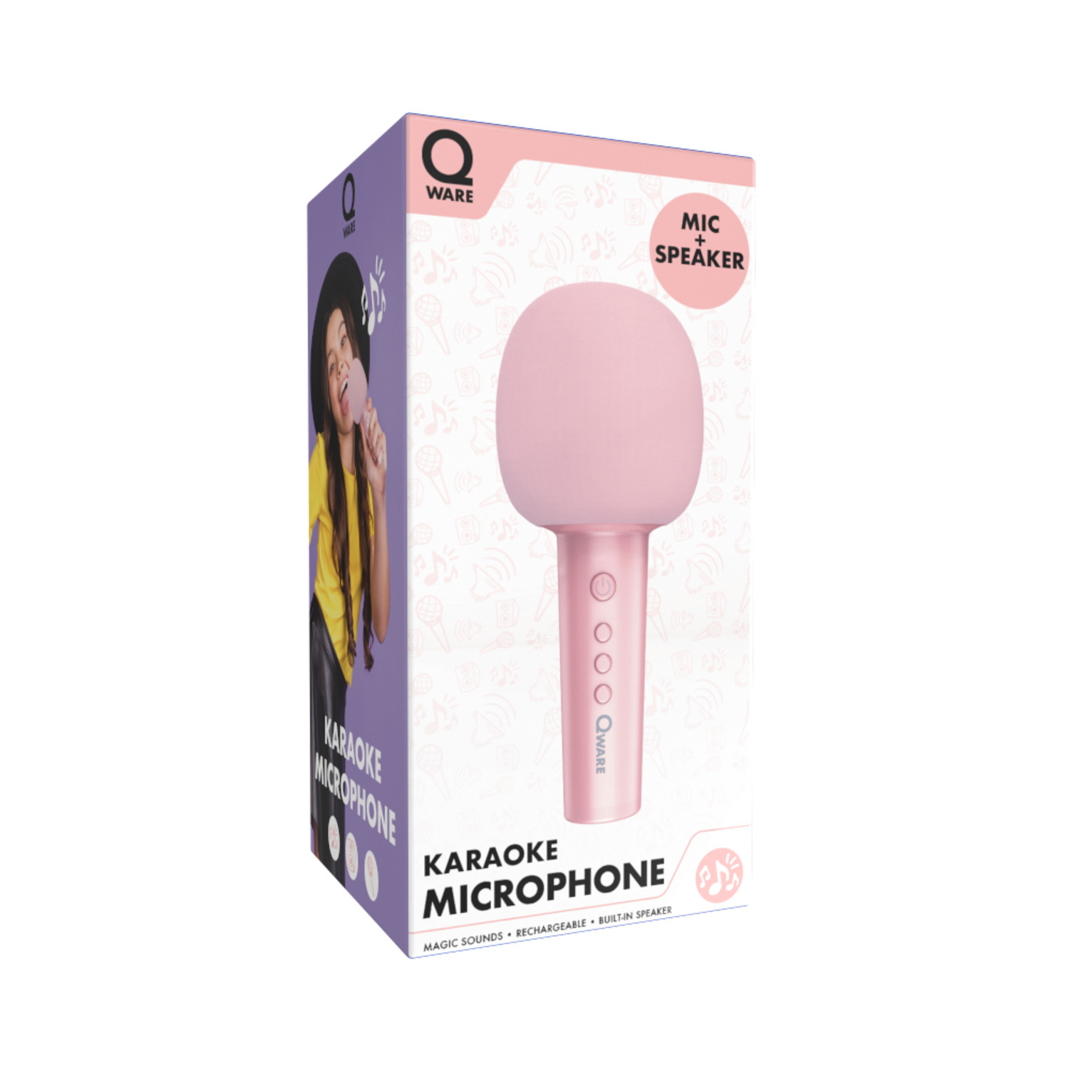 Roze karaokemicrofoon in een doos. De doos heeft een afbeelding van een zingende vrouw.