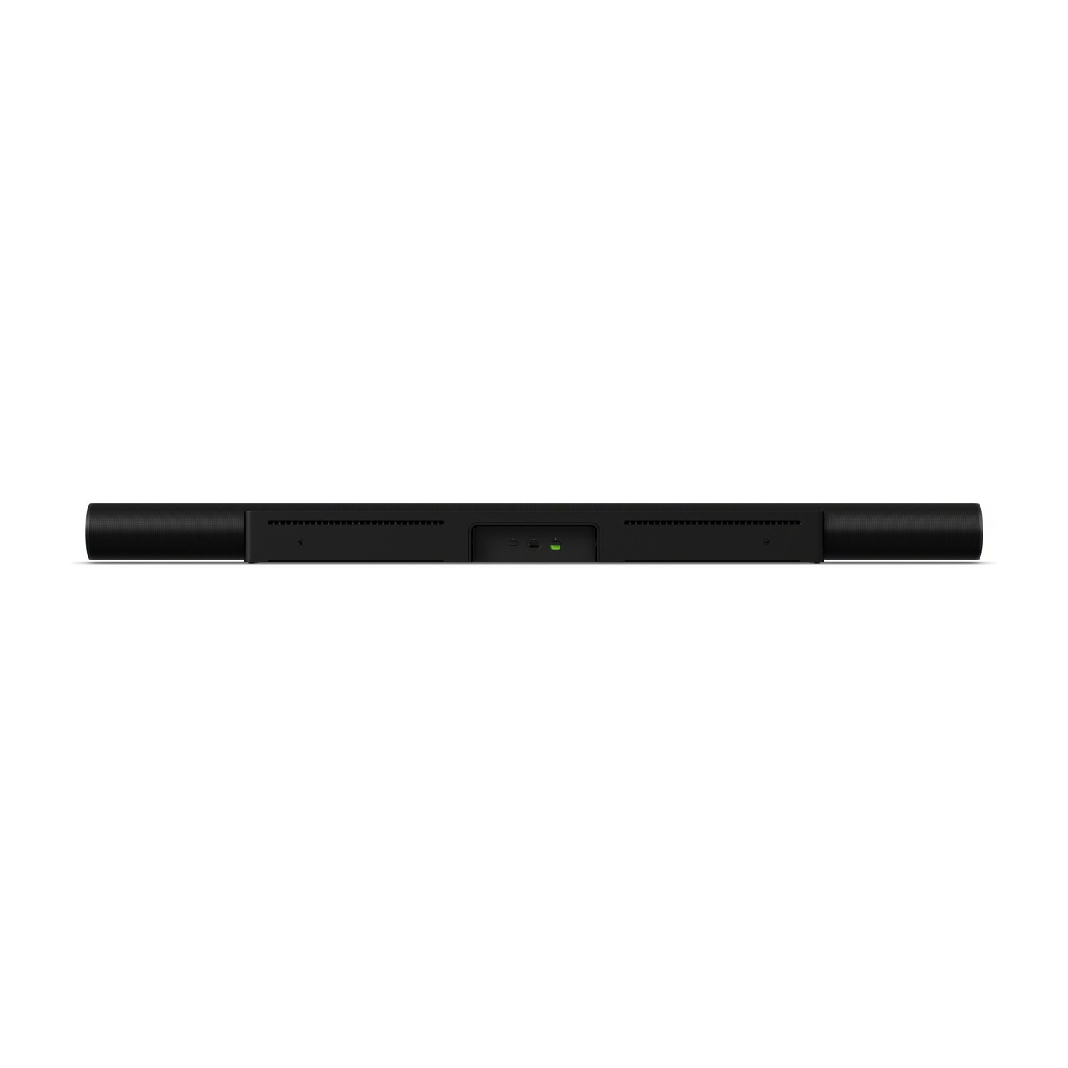 Soundbar nera con altoparlanti e luce verde.