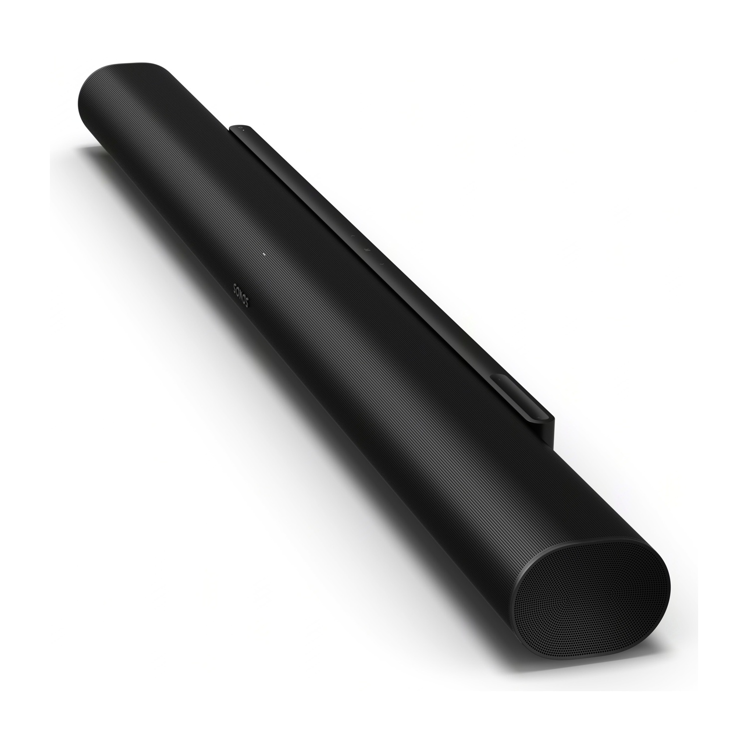 Soundbar nera su superficie bianca. Presenta una forma lunga e rettangolare con estremità arrotondate e il logo Sonos.