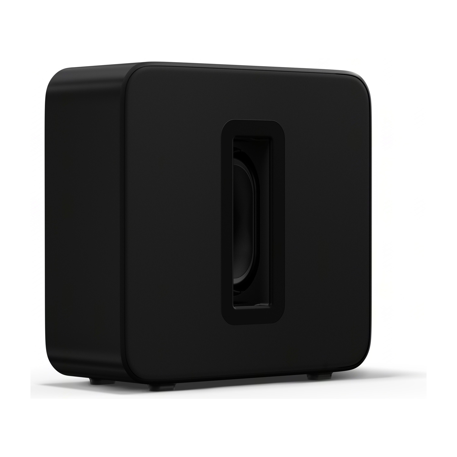 Viene mostrato un subwoofer nero. Ha una forma rettangolare e un'apertura prominente per l'altoparlante.