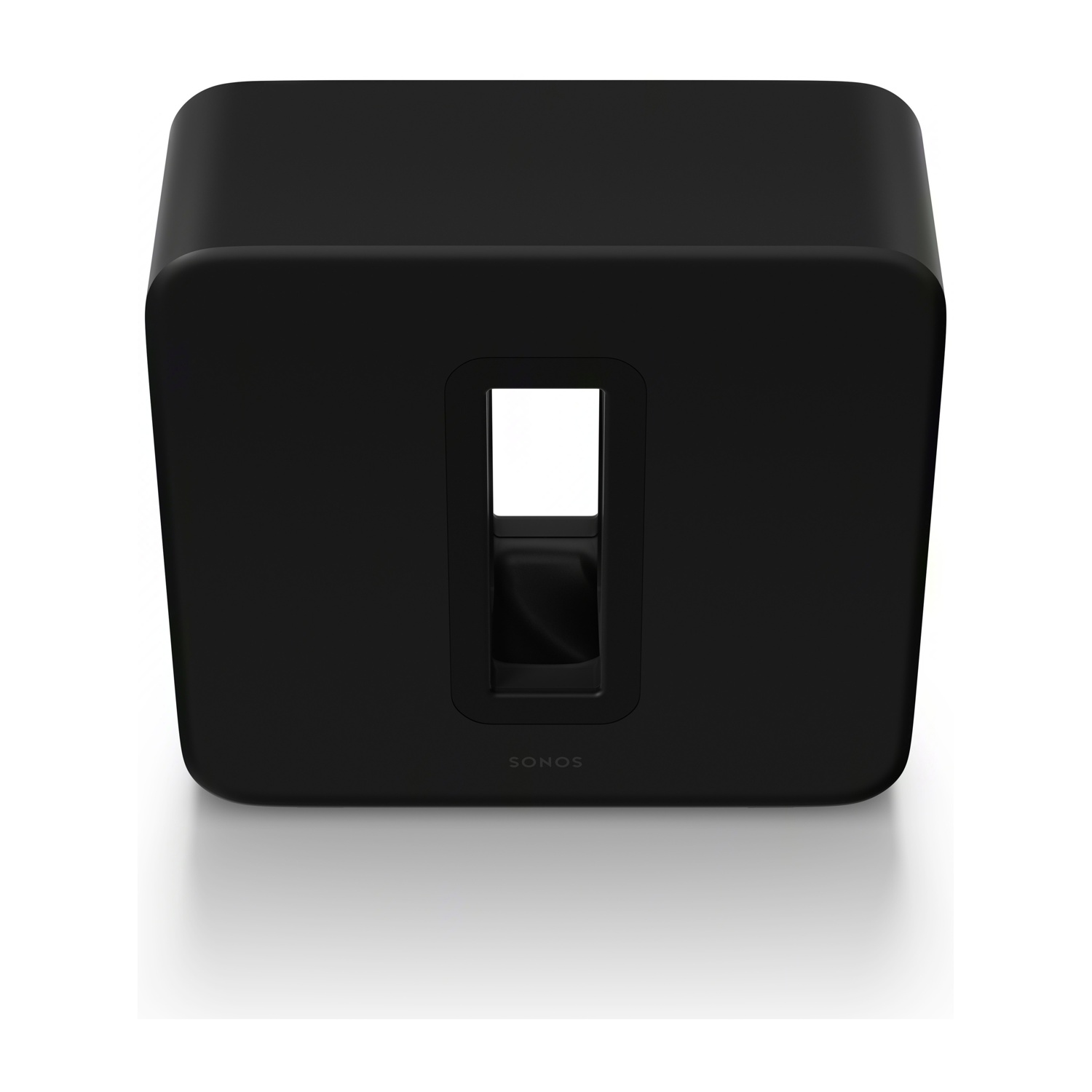 Subwoofer nero a forma quadrata su sfondo bianco. Il subwoofer ha un'apertura centrale.