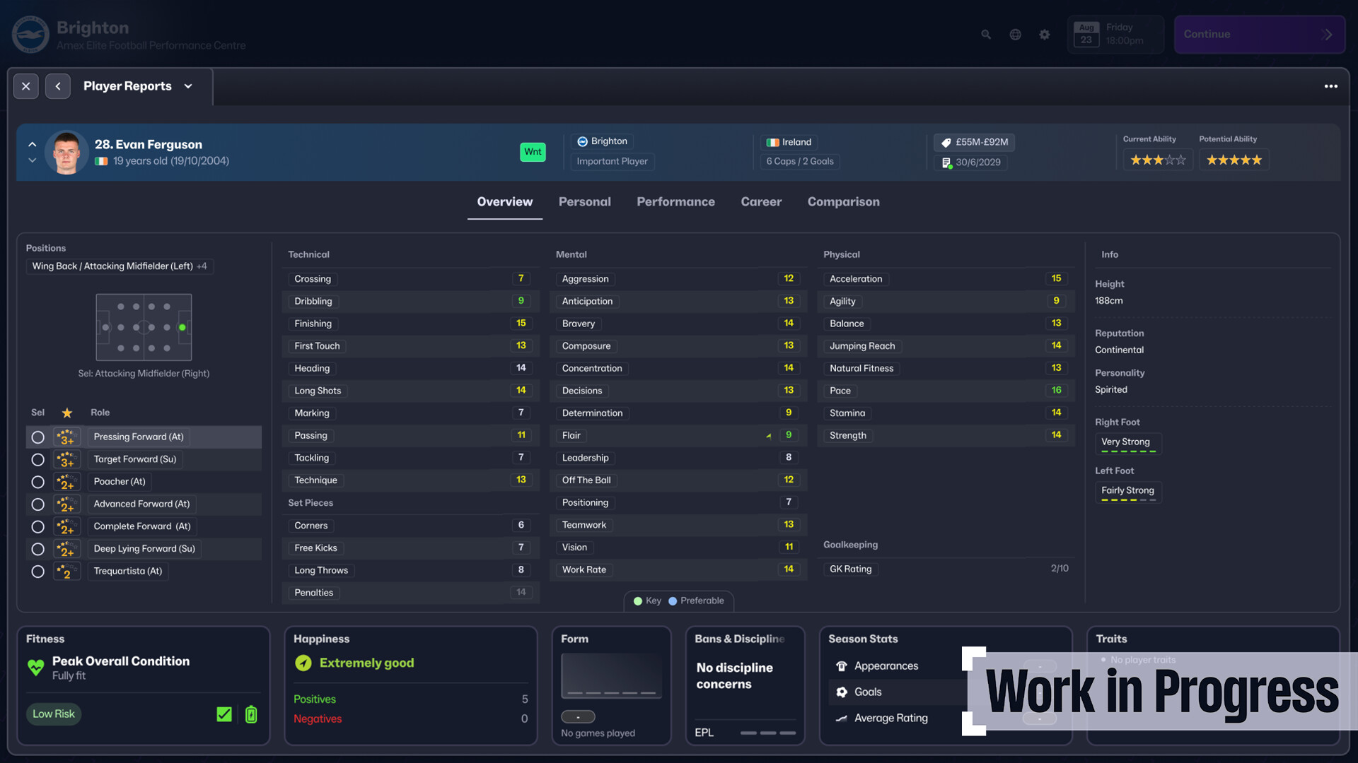 Spielerprofil von Evan Ferguson, mit Statistiken, Fähigkeiten und Fitnesswerten.