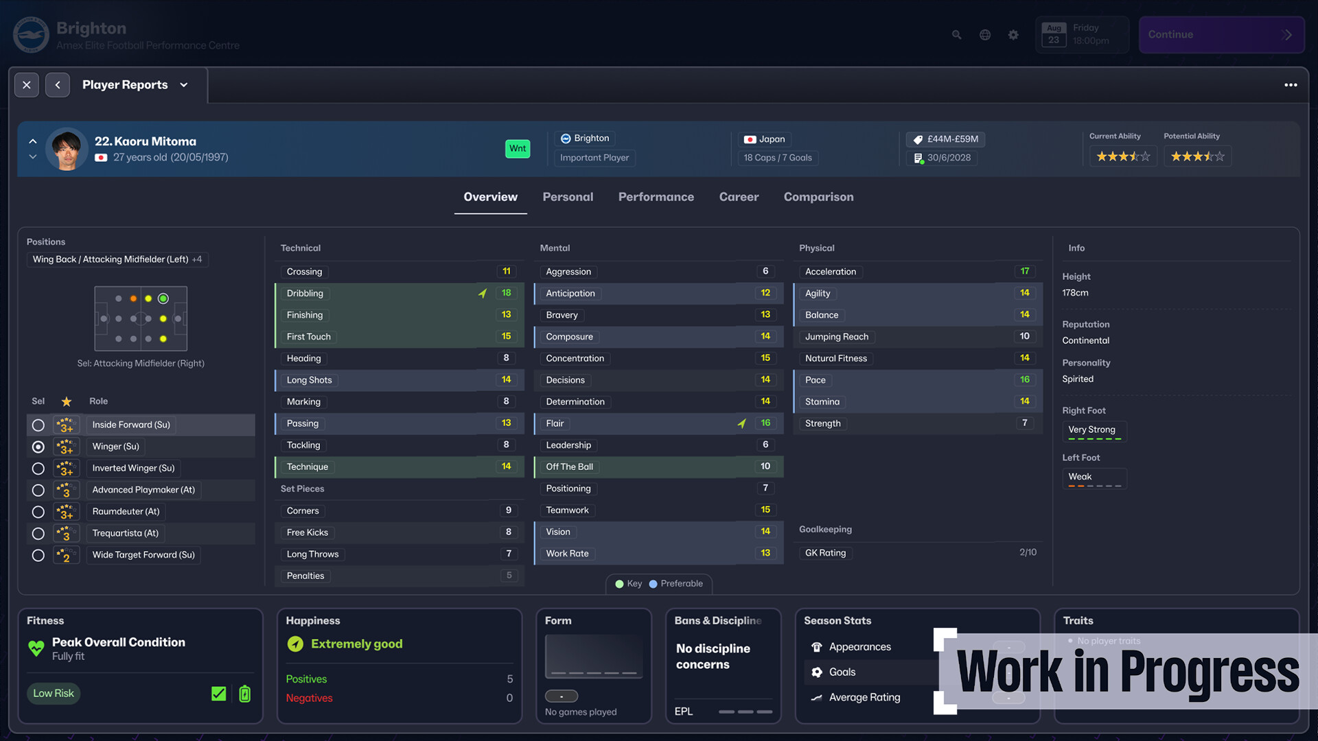 Spielerprofil von Kaoru Mitoma, Brighton. Übersicht mit technischen, mentalen und physischen Werten.