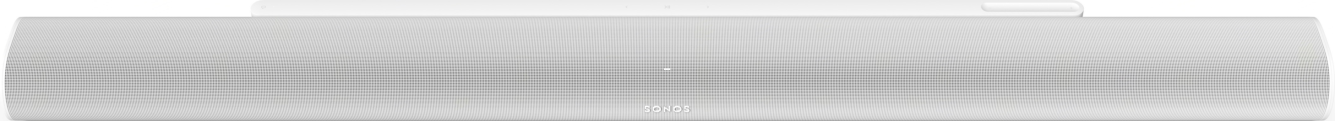 Barre de son blanche avec façade en mesh et section supérieure blanche. Logo SONOS visible.