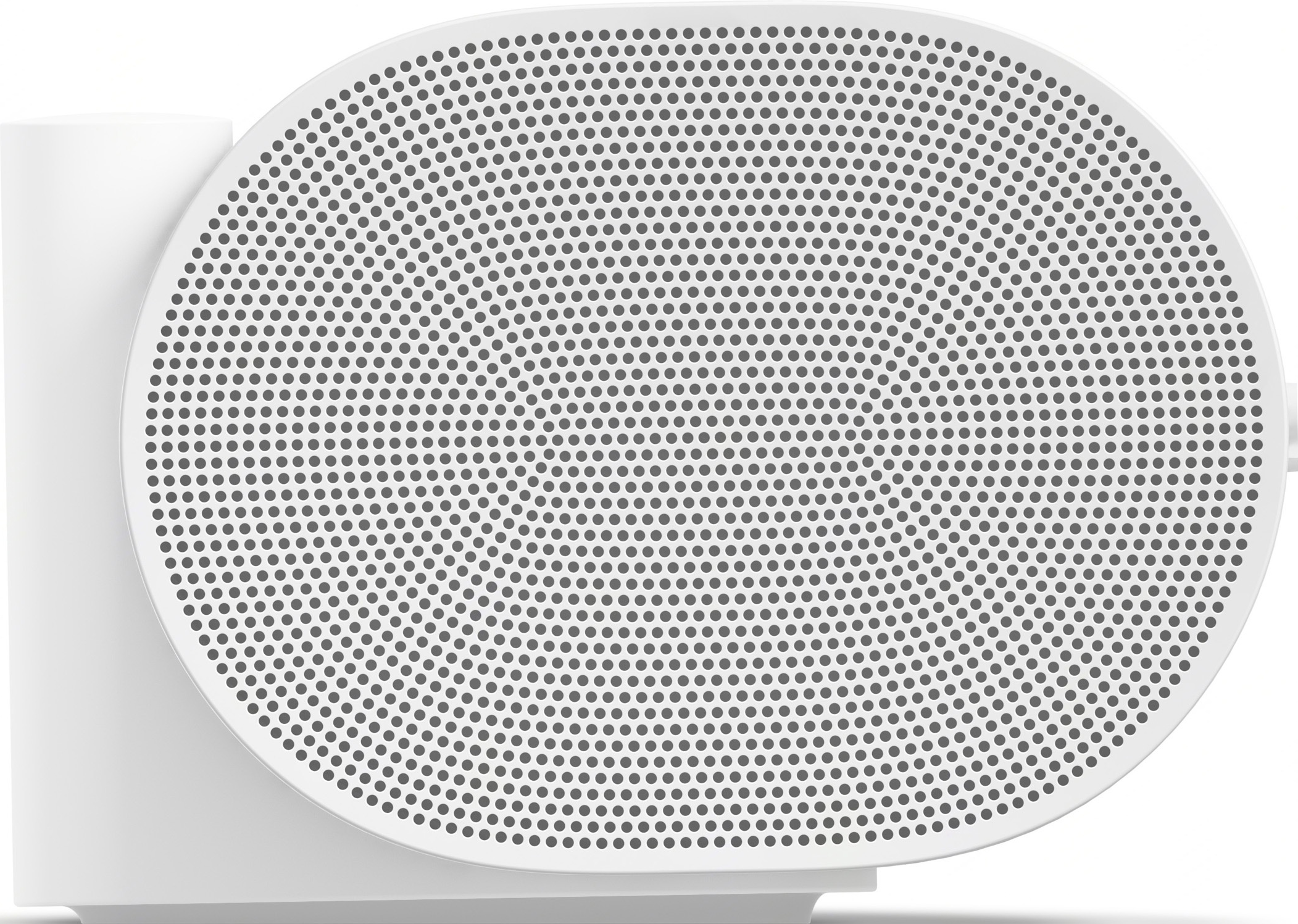 Haut-parleur blanc avec une façade circulaire perforée et un côté incurvé.