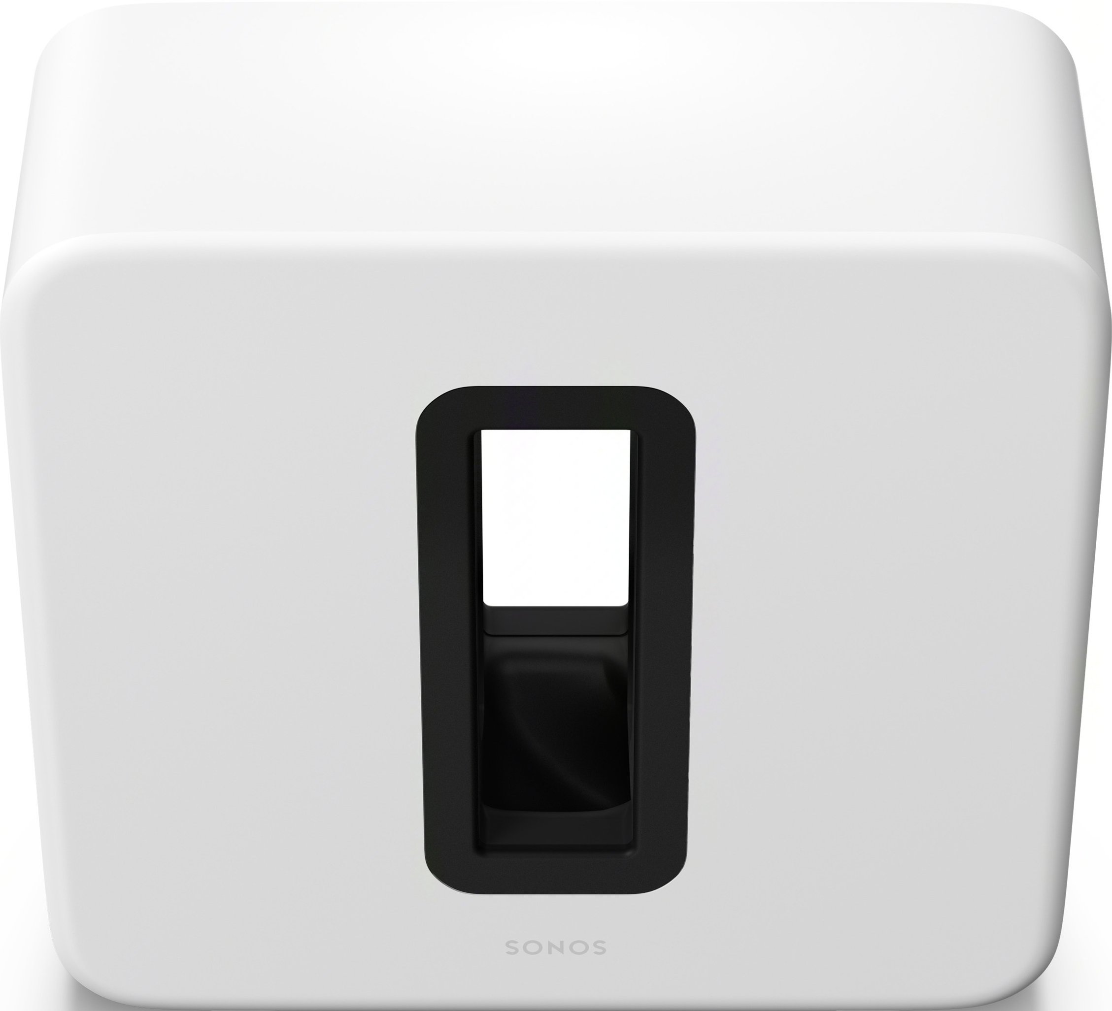 Enceinte carrée blanche avec ouverture rectangulaire noire, design moderne.