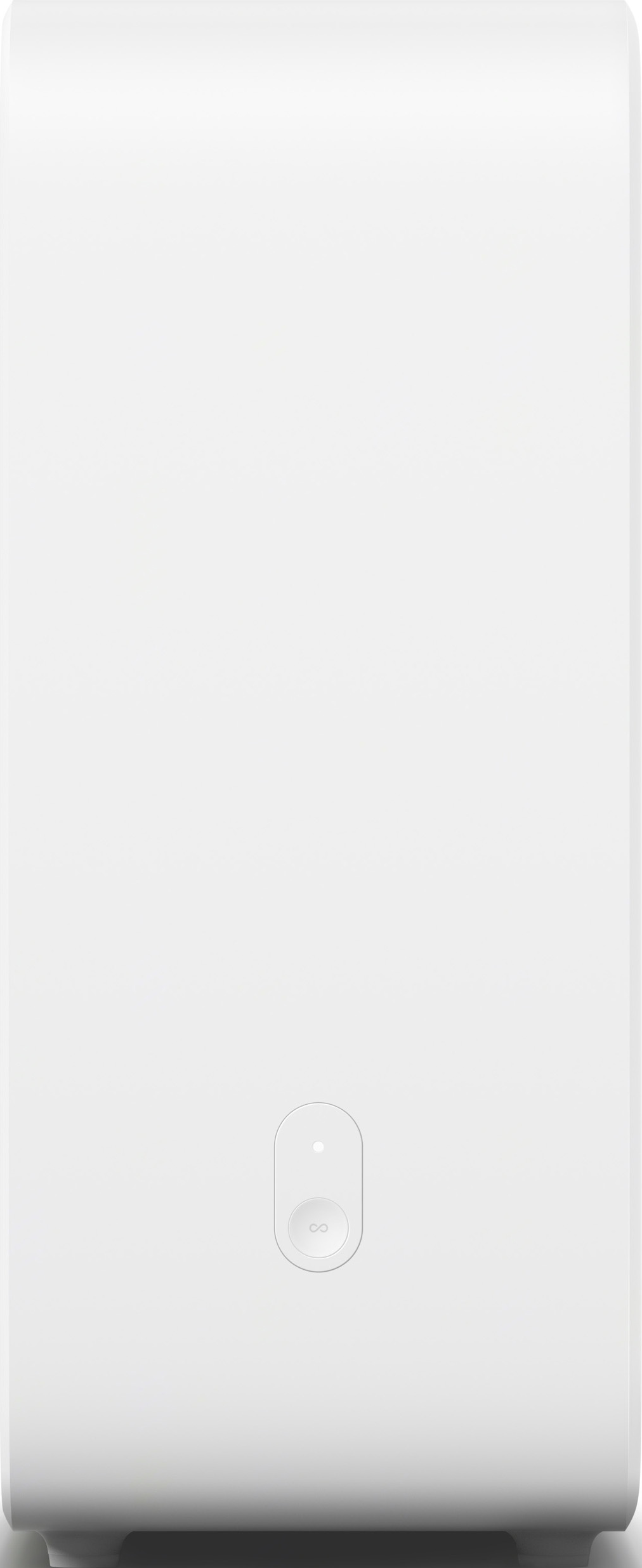 Haut-parleur blanc. Design simple, avec un bouton d'alimentation.