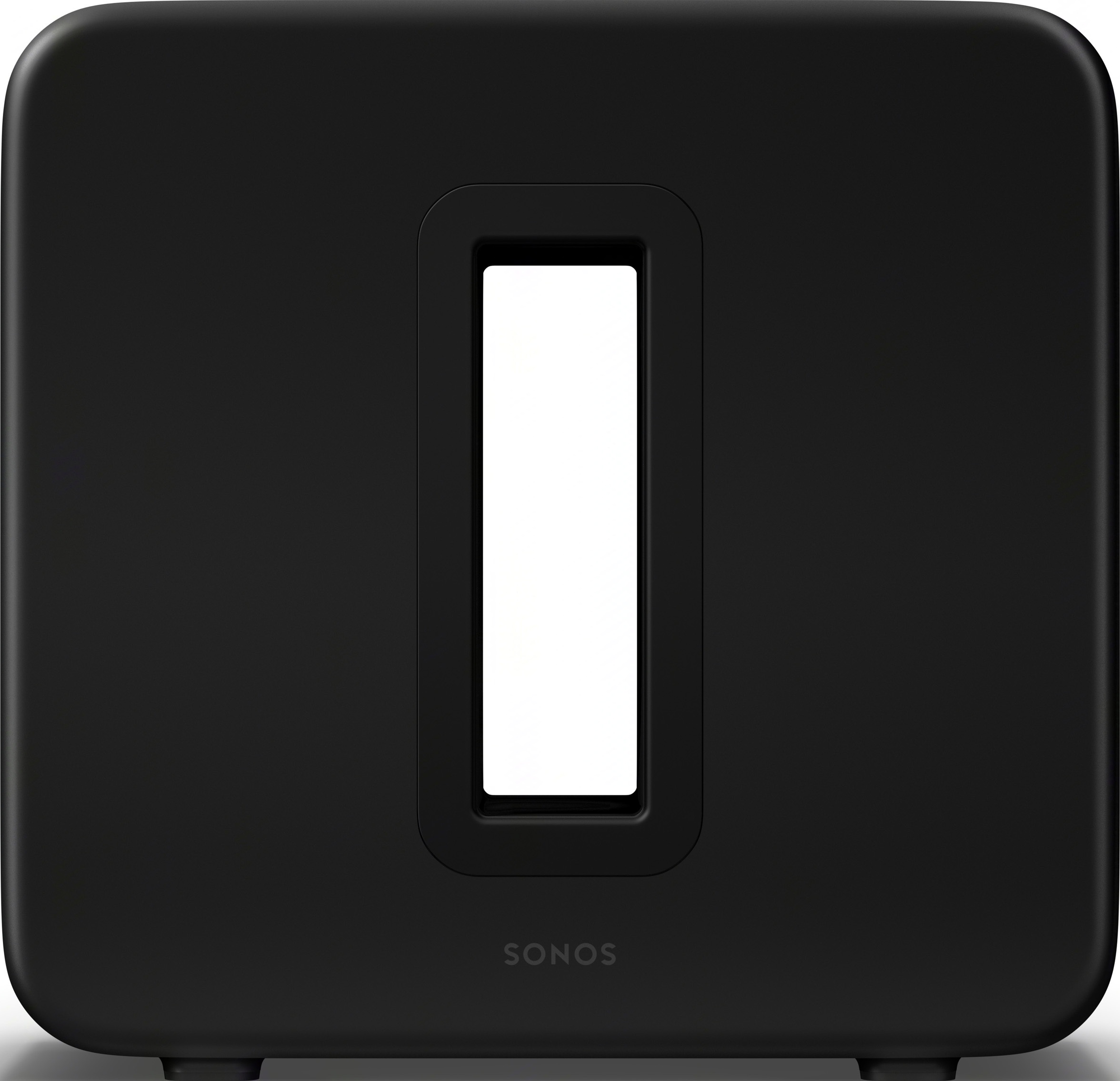 Subwoofer Sonos noir avec une ouverture rectangulaire. Le logo Sonos est en bas.