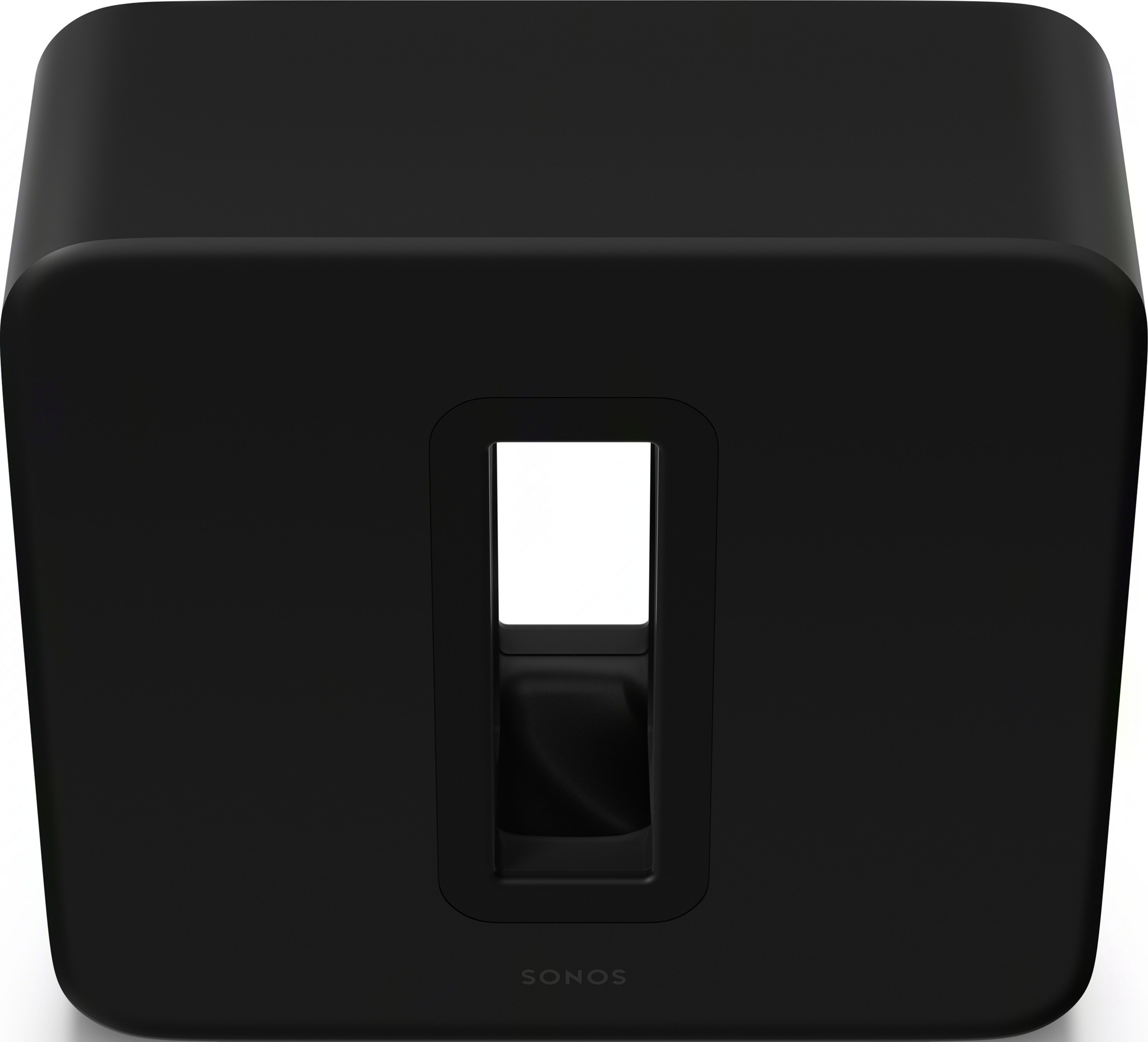 Un haut-parleur Sonos Sub noir avec un grand trou rectangulaire. Le haut-parleur est sur fond blanc.
