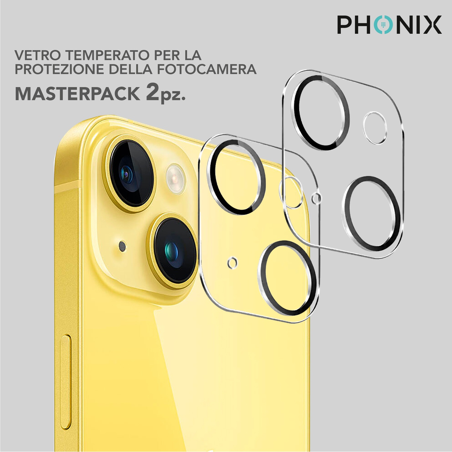 Telefono giallo e protezioni fotocamera con sovrapposizione trasparente.