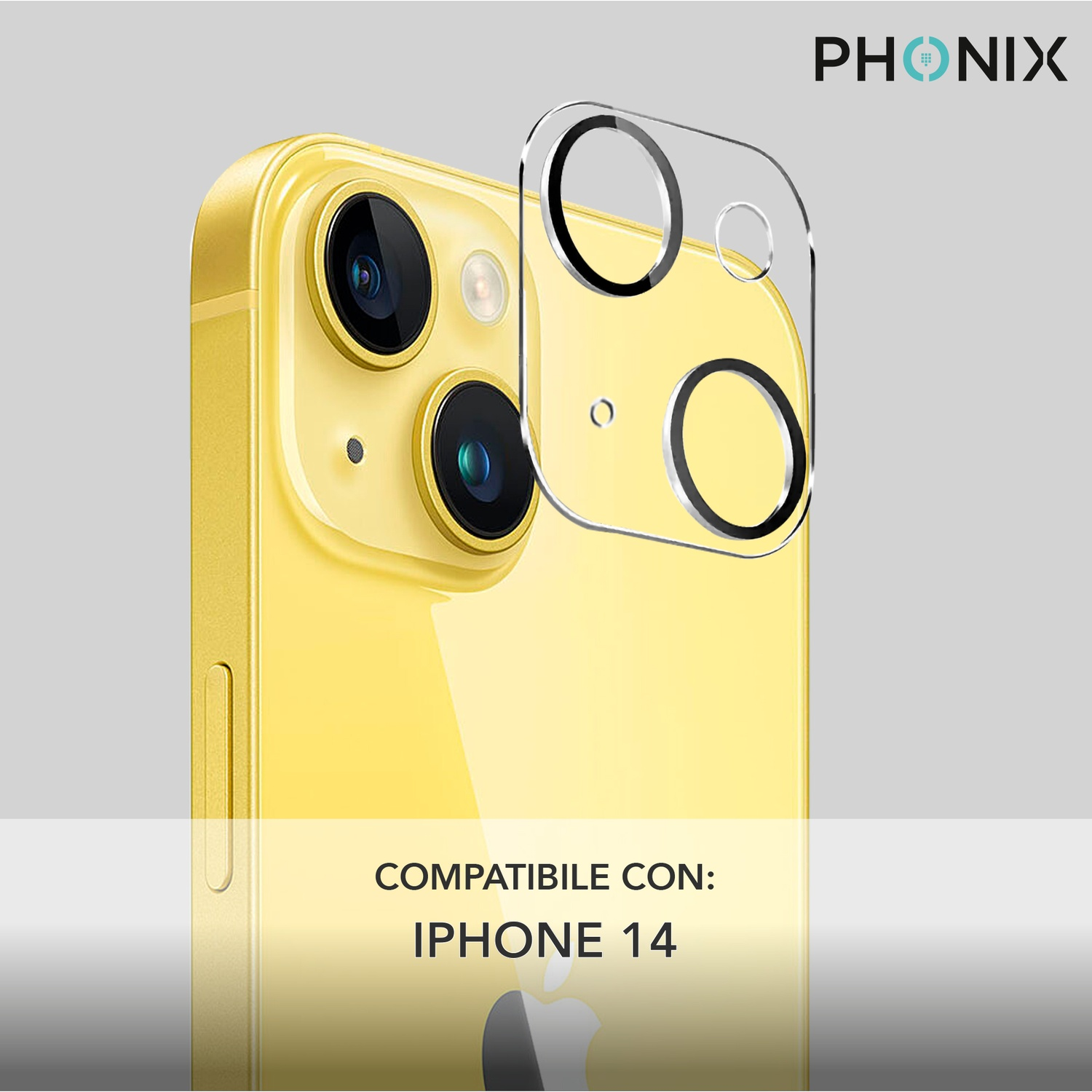 iPhone 14 giallo con una protezione per lenti trasparente. Il testo dice compatibile con iPhone 14.