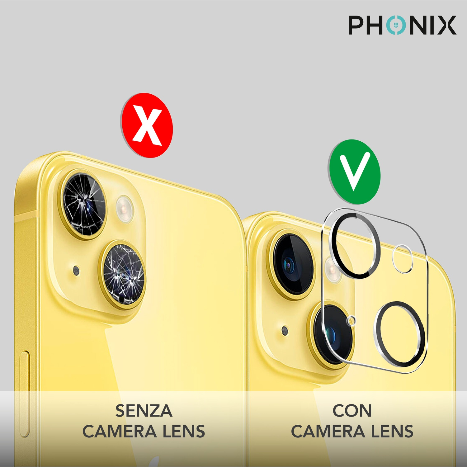 Telefono giallo con protezione per l'obiettivo della fotocamera. Mostra un confronto con e senza lente.