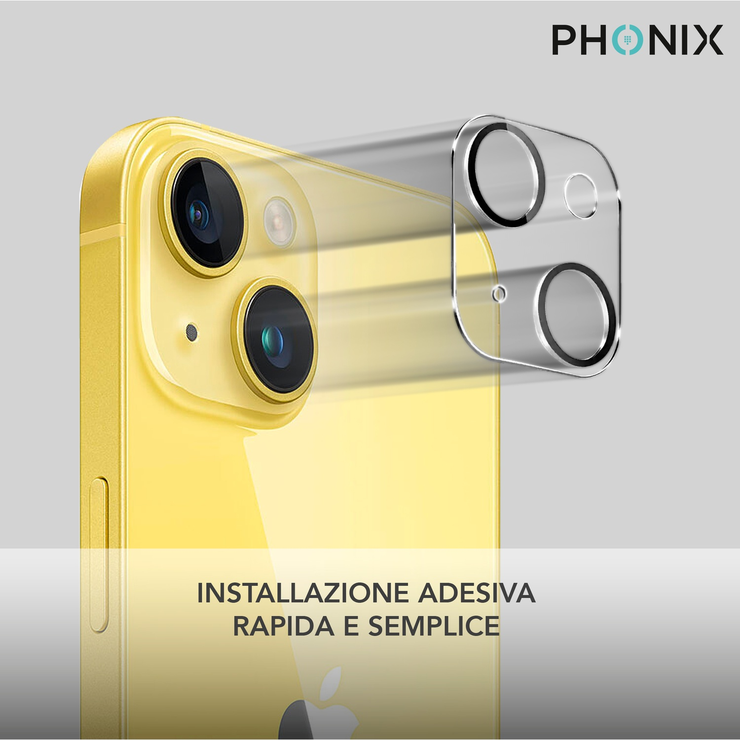 Telefono giallo con lenti della fotocamera. Un protettore viene applicato con installazione adesiva.