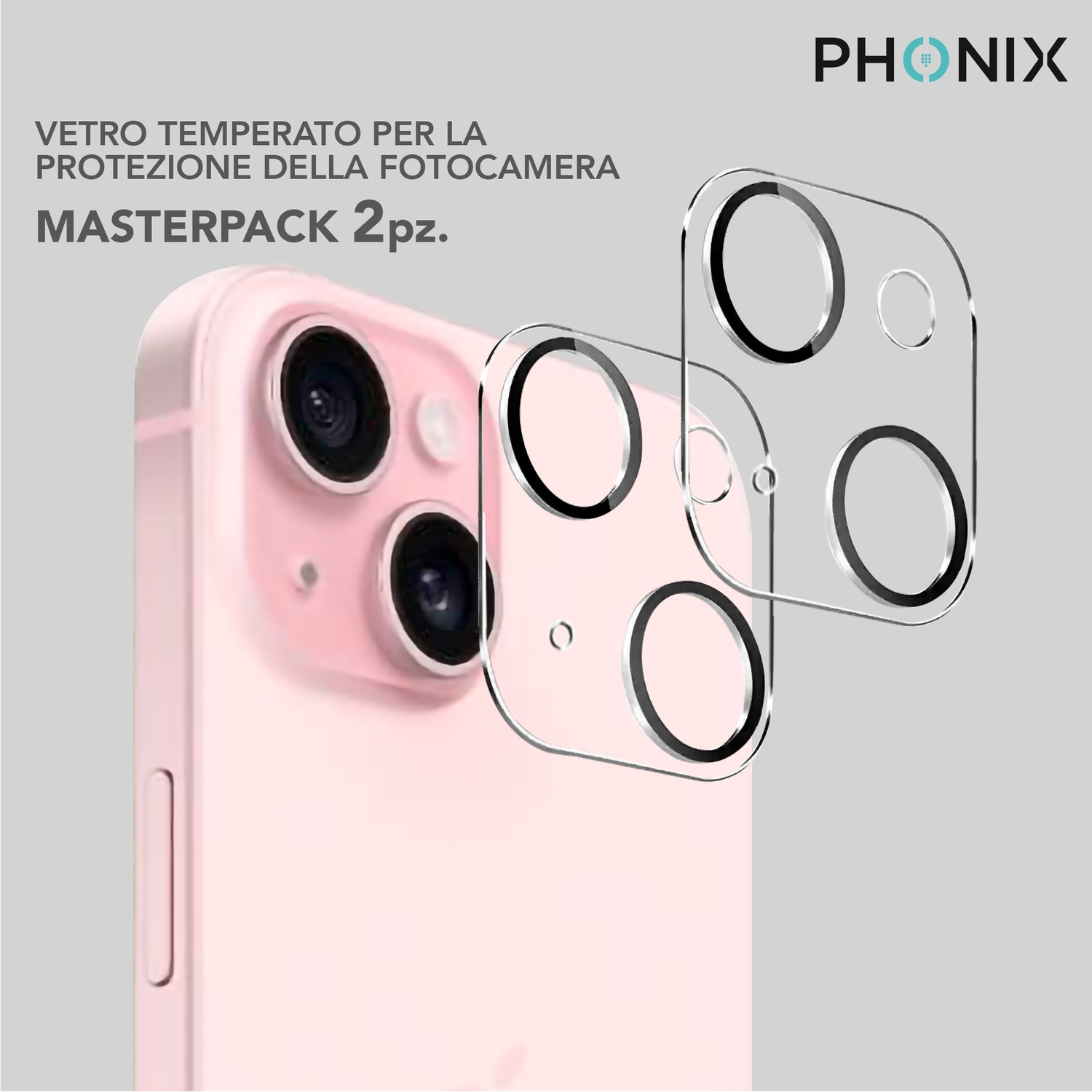 Telefono rosa con protezioni per fotocamera. Le protezioni sono trasparenti con anelli neri. Il marchio PHONIX si trova in alto a destra.