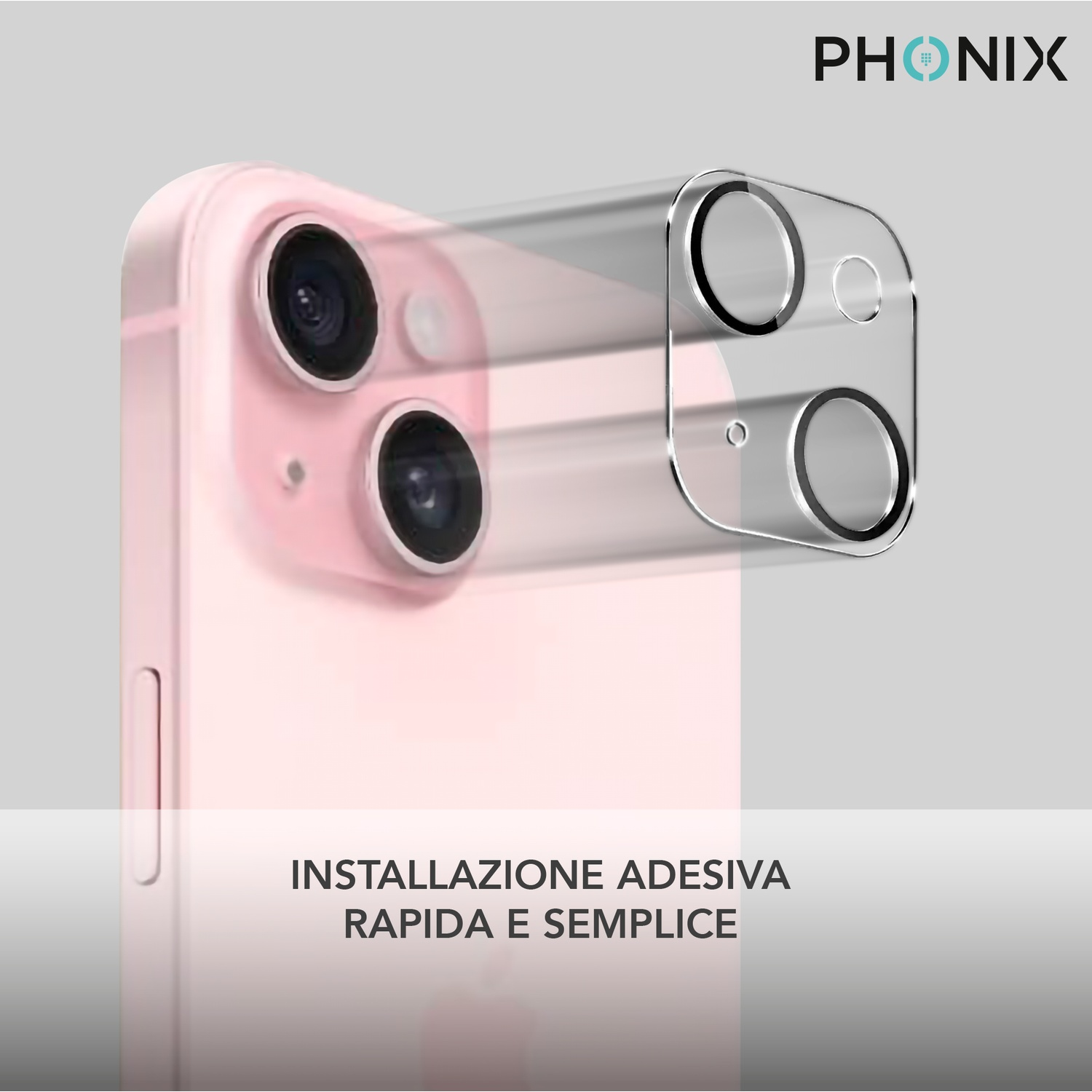 Un telefono rosa con tre lenti della fotocamera. Un proteggi-lente argentato si libra sopra il telefono.