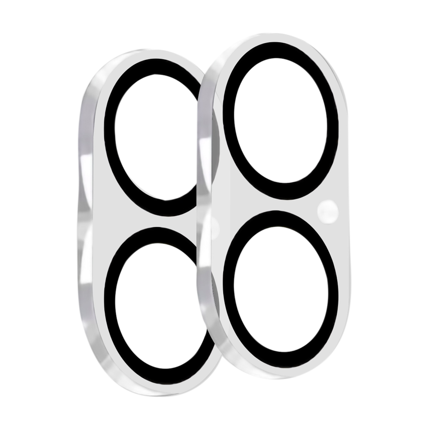 Due protezioni per lenti trasparenti per fotocamera del telefono su sfondo bianco.