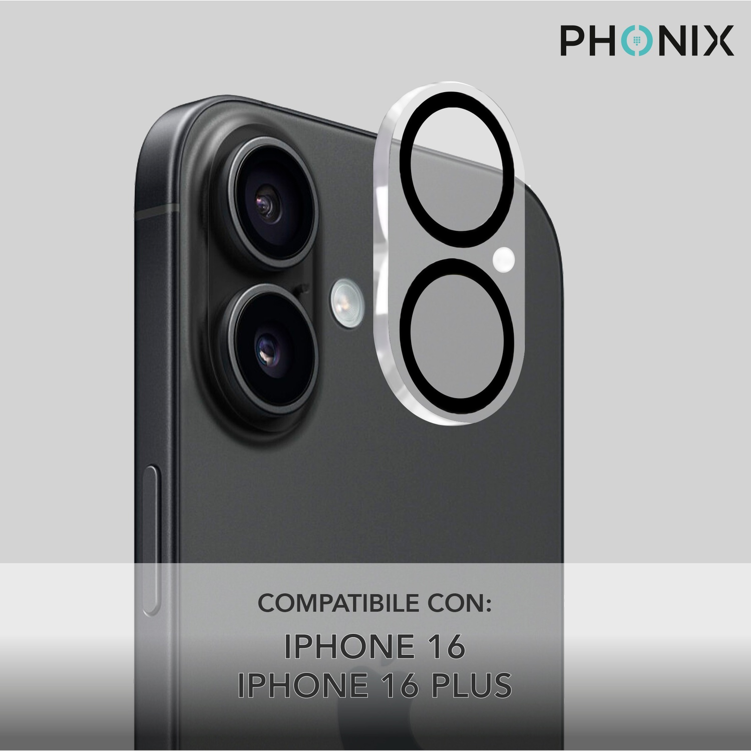 Retro telefono nero con protezione lente. Testo: Compatibile con iPhone 16 e 16 Plus.