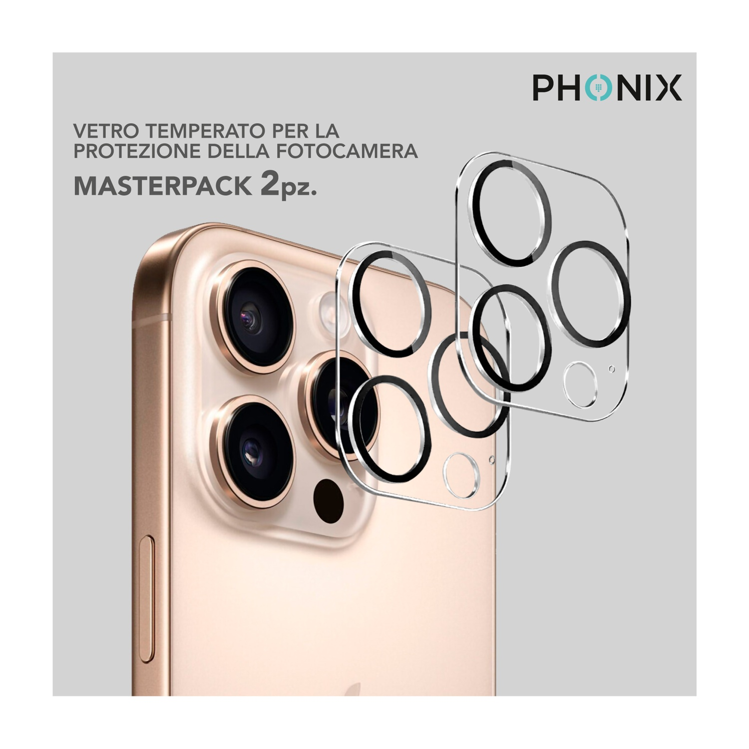 Telefono con protezioni per fotocamera, mostra lenti e marchio 'PHONIX'.