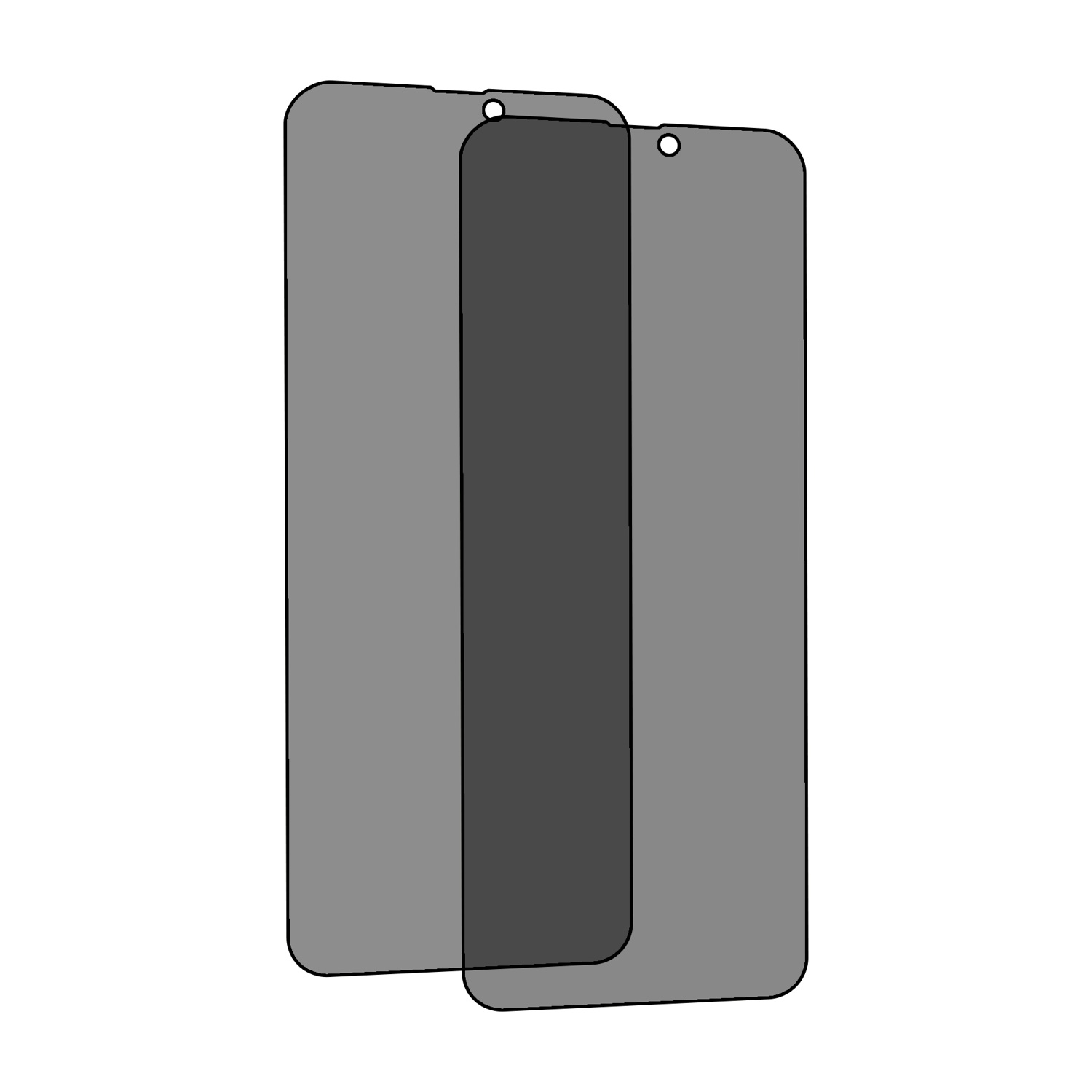 Due protezioni per lo schermo di un telefono. Sono grigie e rettangolari con angoli arrotondati.