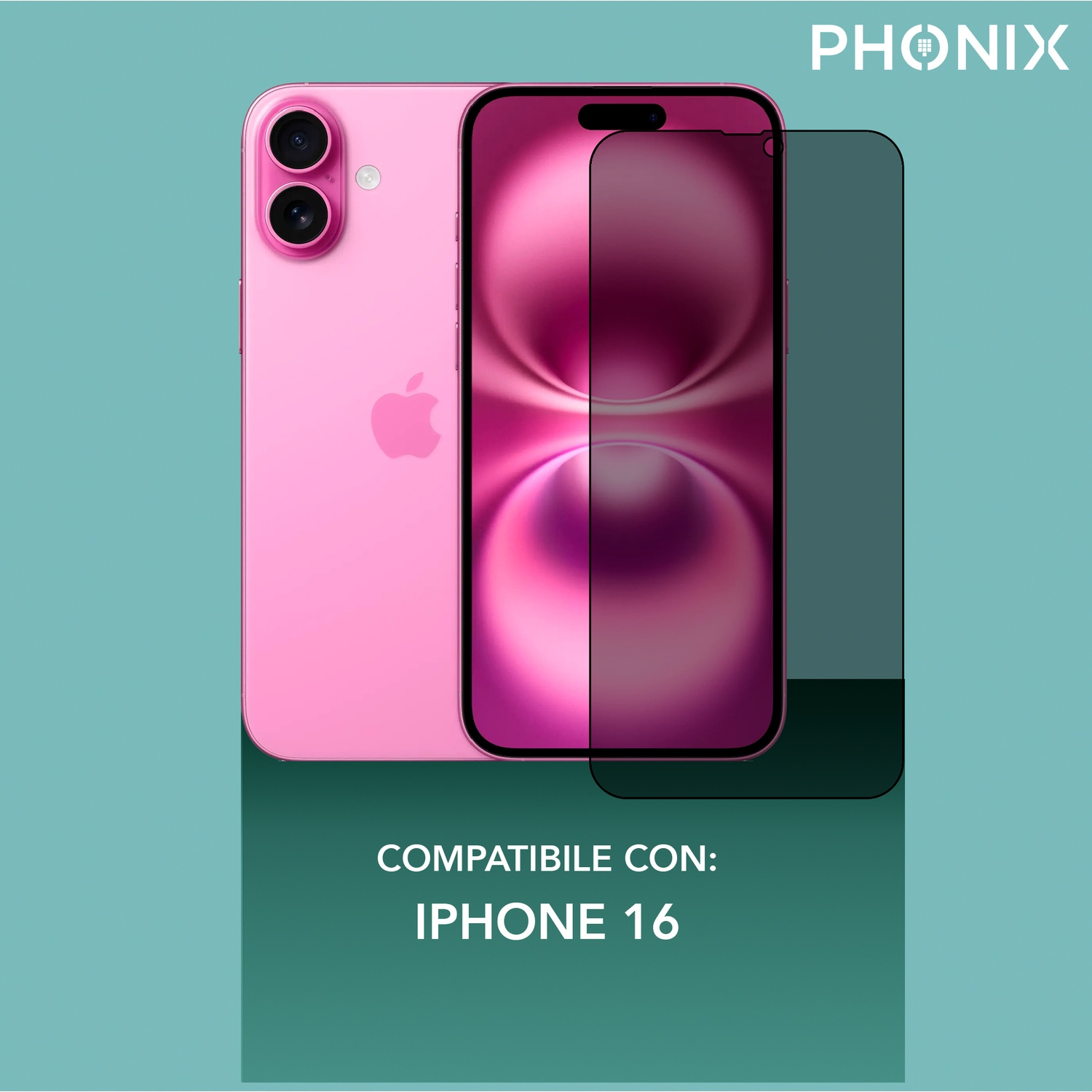 iPhone rosa e protezione schermo su sfondo blu. Il testo dice iPhone 16.