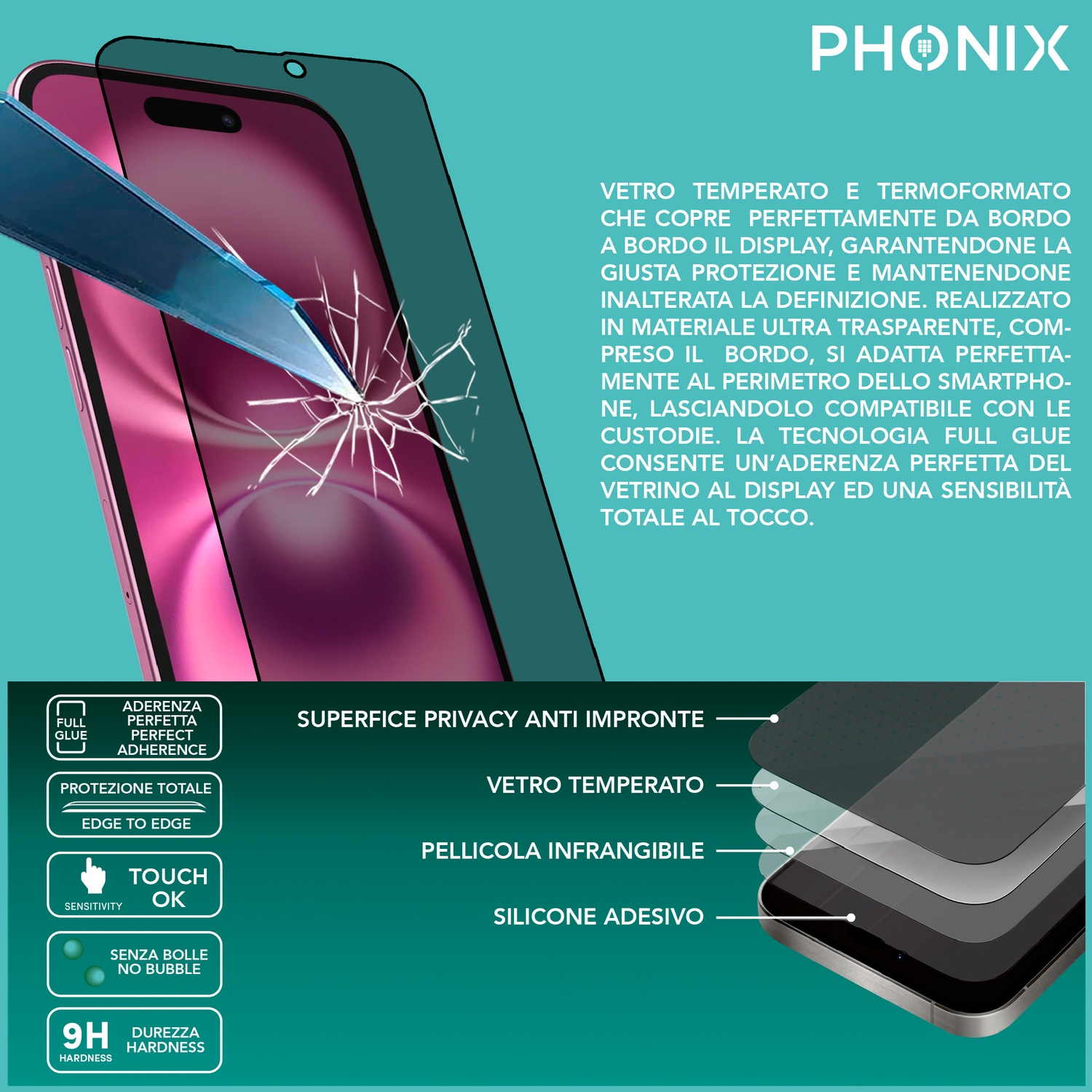 Un telefono con protezione schermo e un diagramma delle parti.