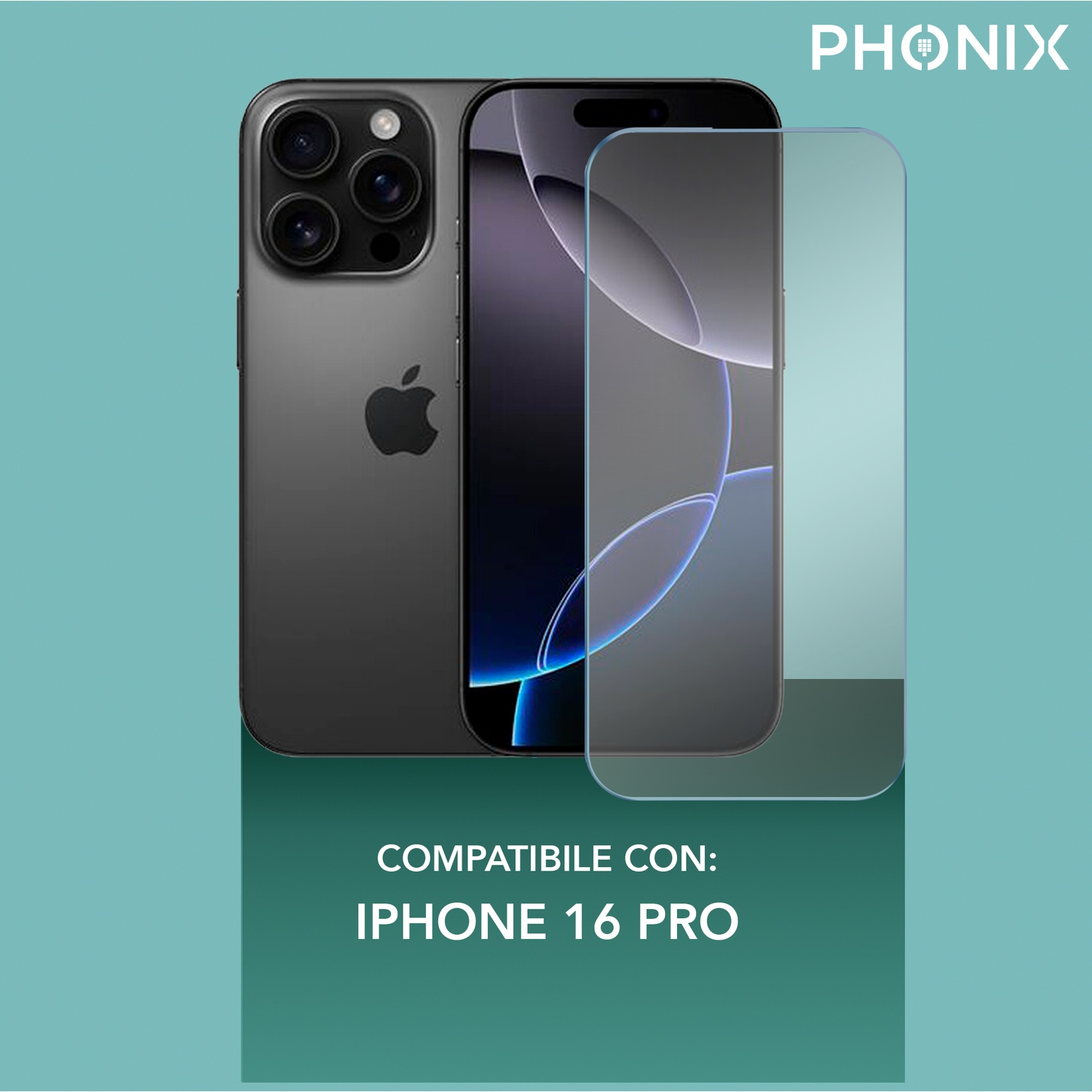 iPhone 16 Pro con protezione schermo e logo Apple.