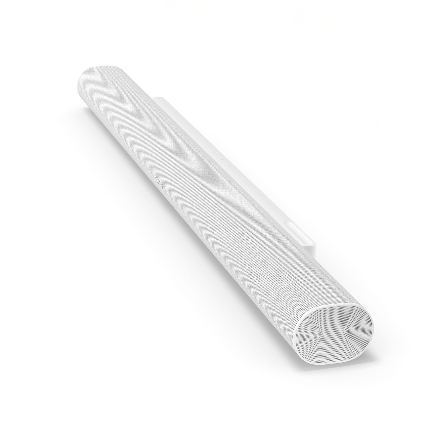 Barra de sonido blanca sobre fondo blanco, en ángulo para mostrar su forma.