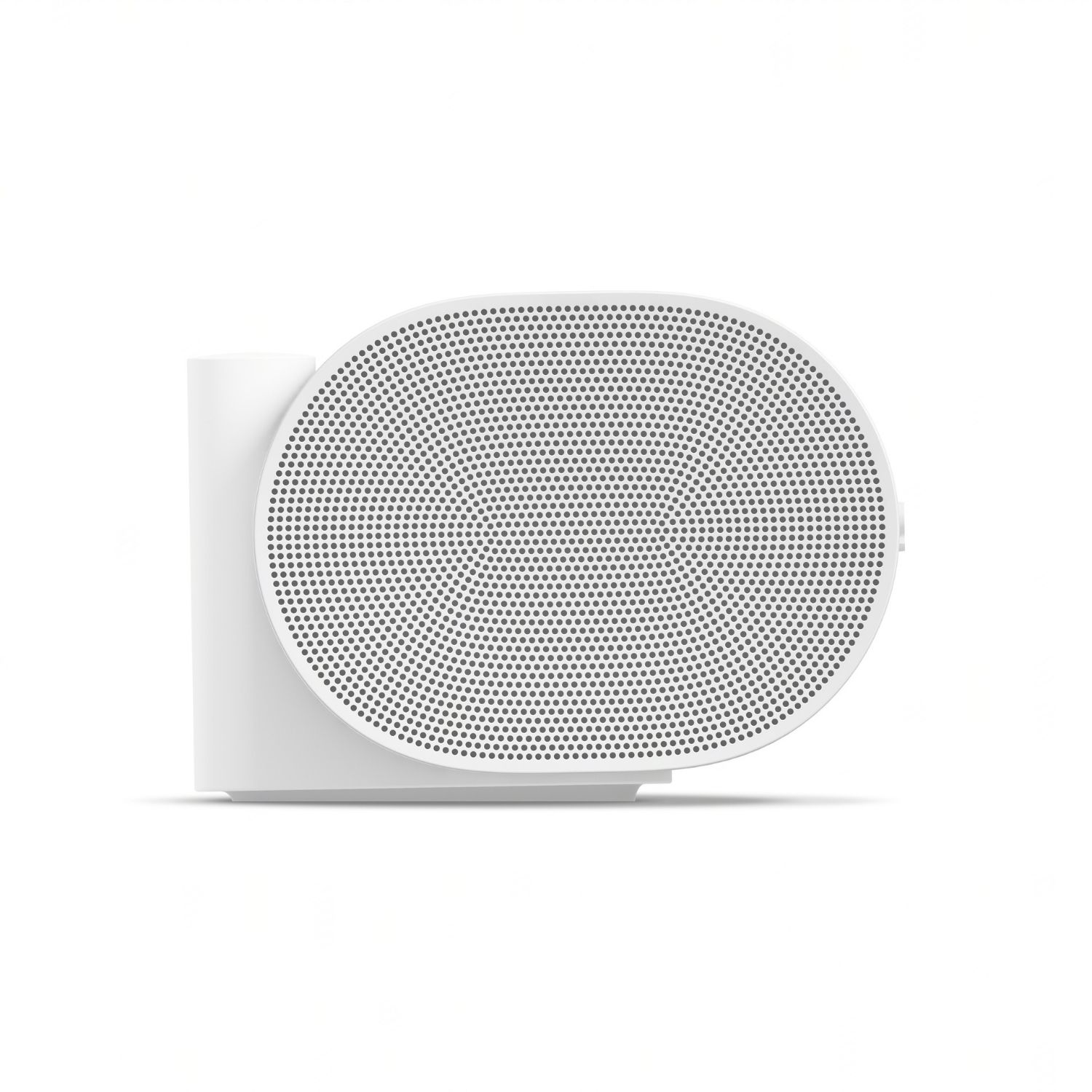 Altavoz blanco de forma ovalada con una rejilla negra. Se apoya en una base blanca. Fondo blanco.