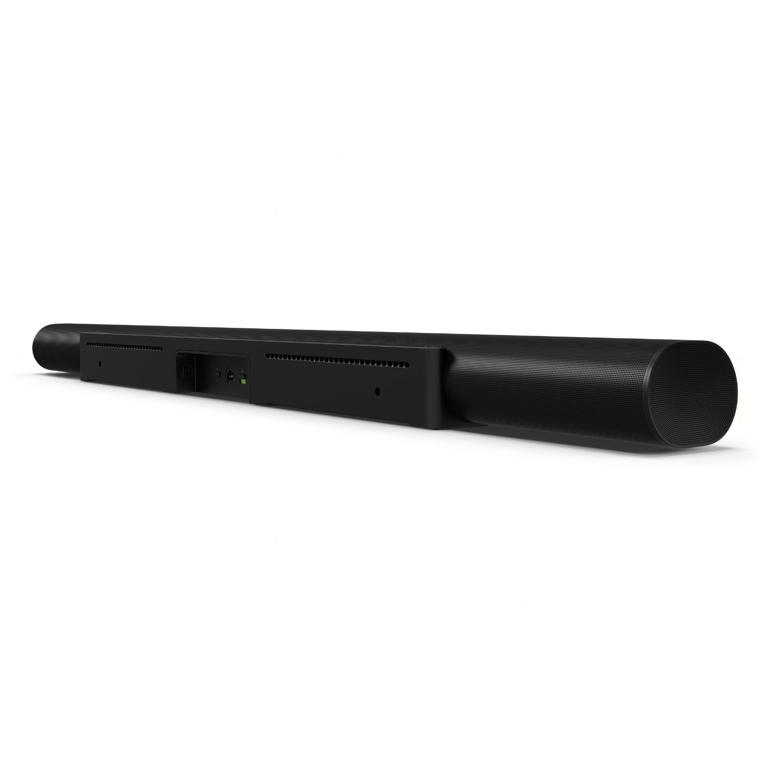 Barra de sonido negra sobre un fondo blanco. La barra de sonido es larga y horizontal. Primer plano de la parte trasera.