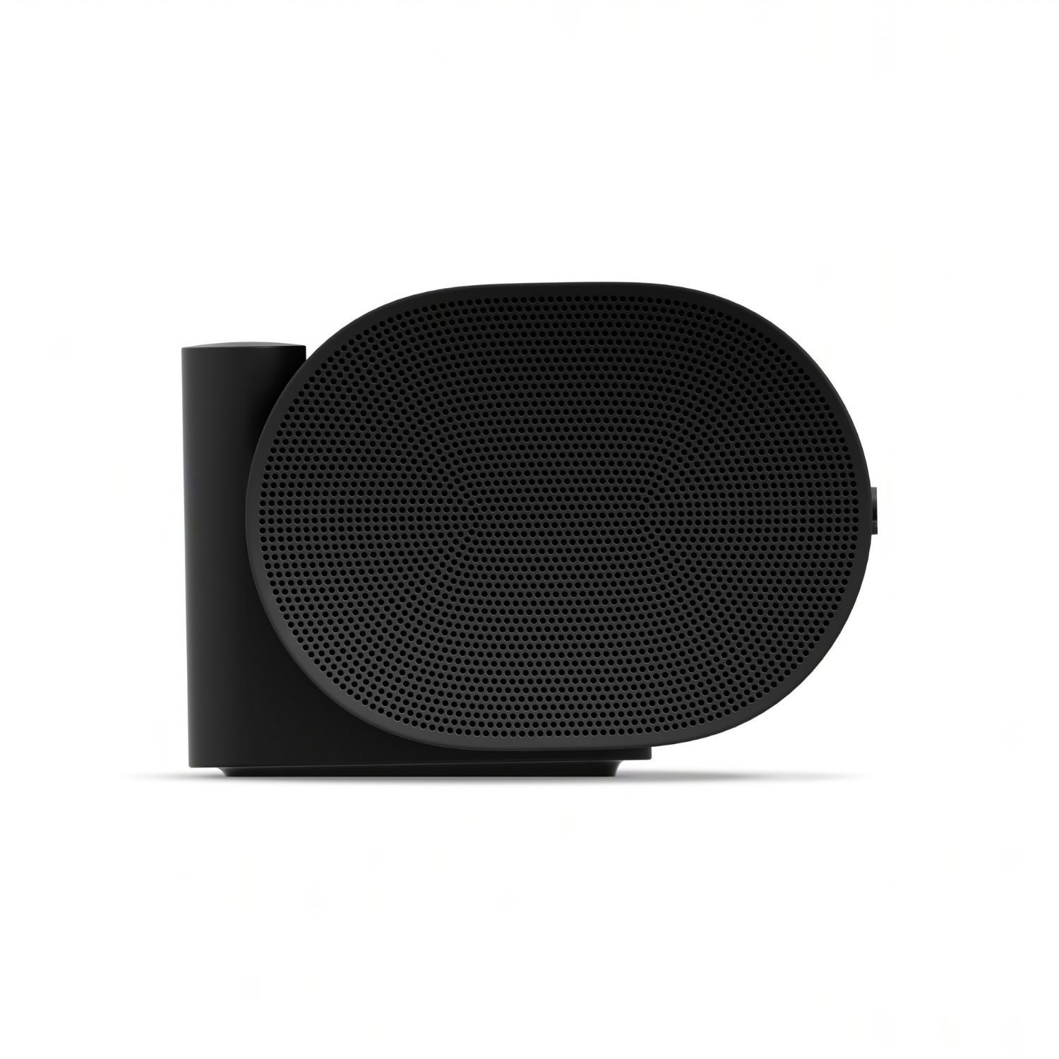 Altavoz negro, con frontal de malla circular. El lateral tiene un puerto.