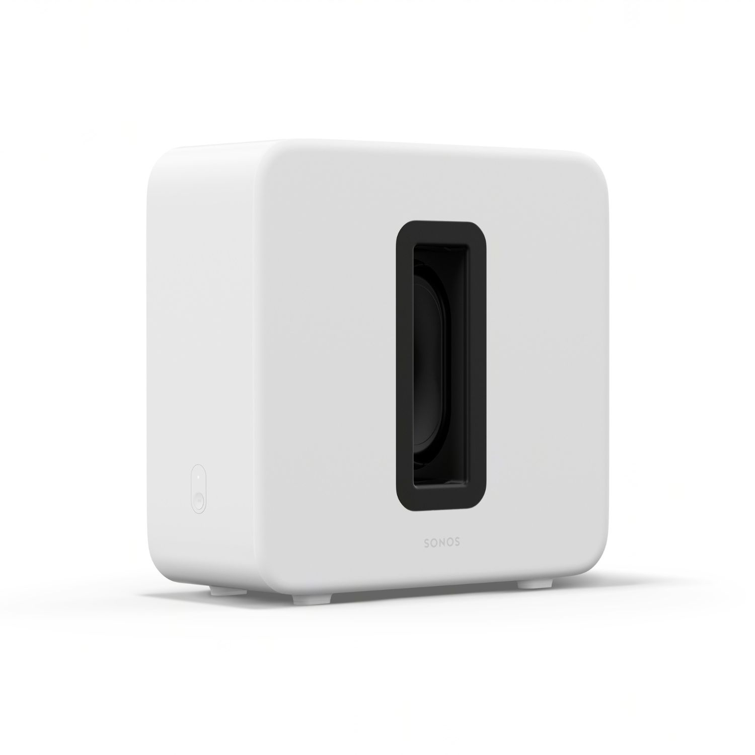 Subwoofer Sonos blanco. Forma de cubo, con una gran abertura cilíndrica negra en el centro.