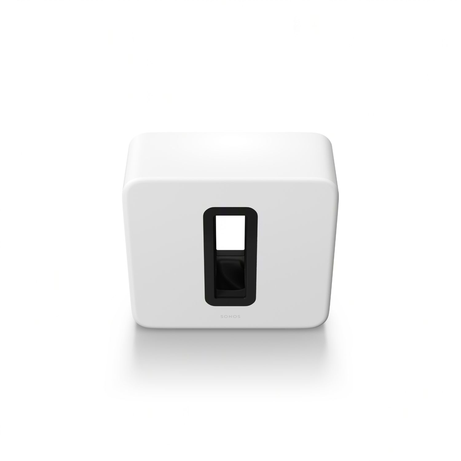 Subwoofer Sonos blanco con un agujero rectangular, sobre un fondo blanco.