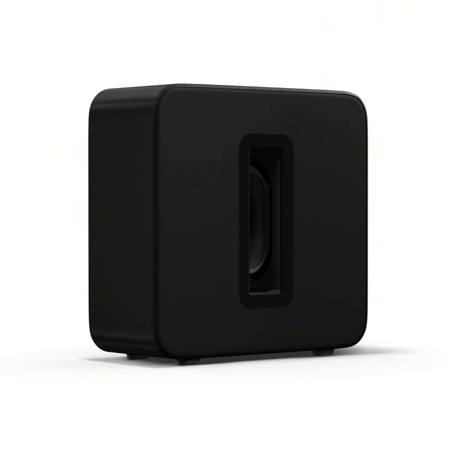 Un subwoofer cuadrado negro con una abertura central, exhibido sobre un fondo blanco.