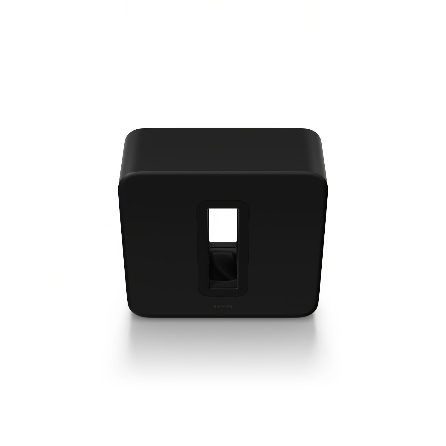 Subwoofer negro, con un recorte rectangular en la parte delantera. Logotipo SONOS visible.