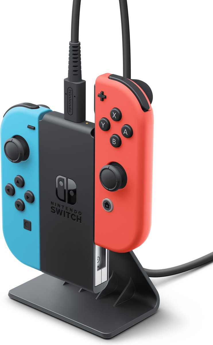 Station de recharge Nintendo Switch avec Joy-Cons attachés. Un bleu, un rouge, et un dock noir.