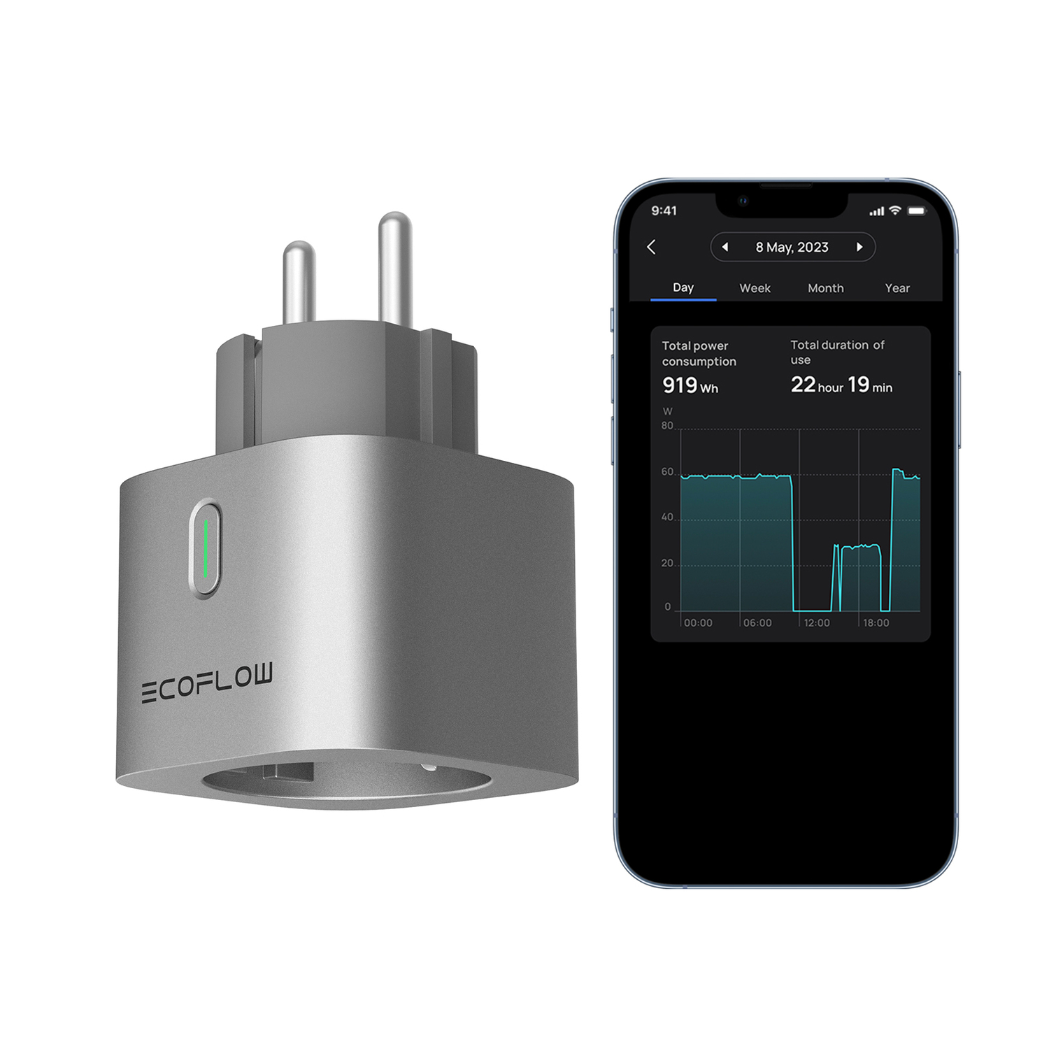 Silver smart plug next to a smartphone. The phone displays power usage data.