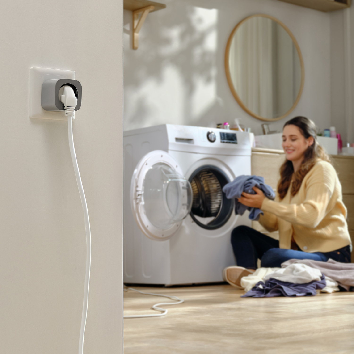 A woman putting clothes into a washing machine with a plug on the wall.