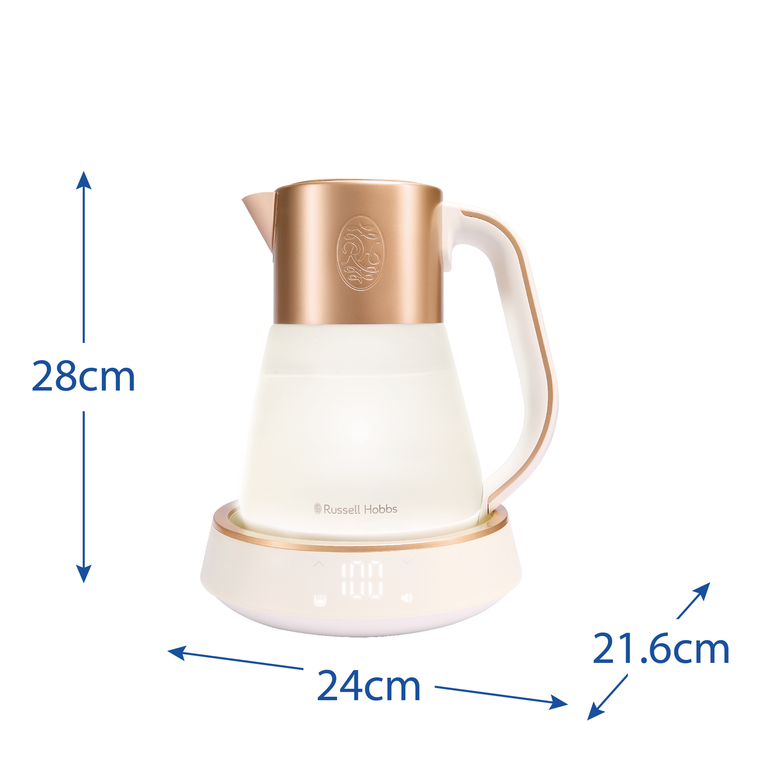 A white and gold kettle with measurements and the Russell Hobbs brand.