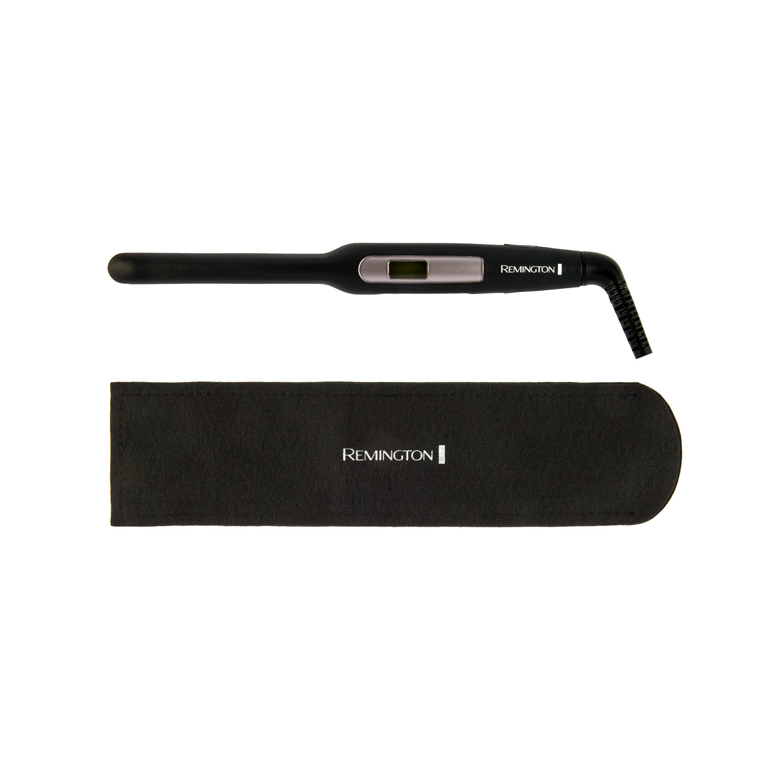 Fer à friser Remington noir avec affichage numérique et étui de rangement noir. Fond blanc.