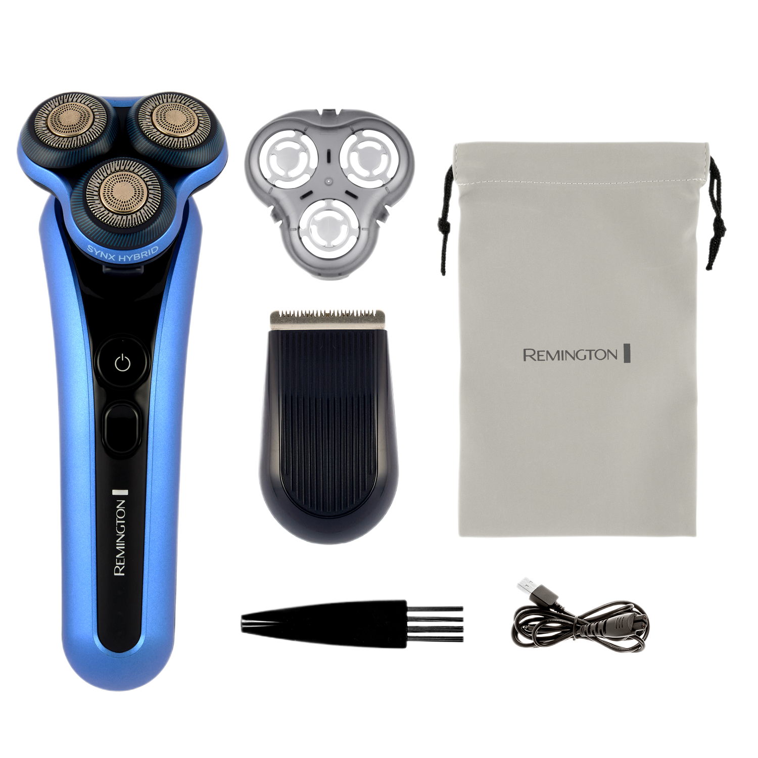 Rasoir bleu à trois têtes, pièces et étui. Câble USB et brosse inclus, sur fond noir.