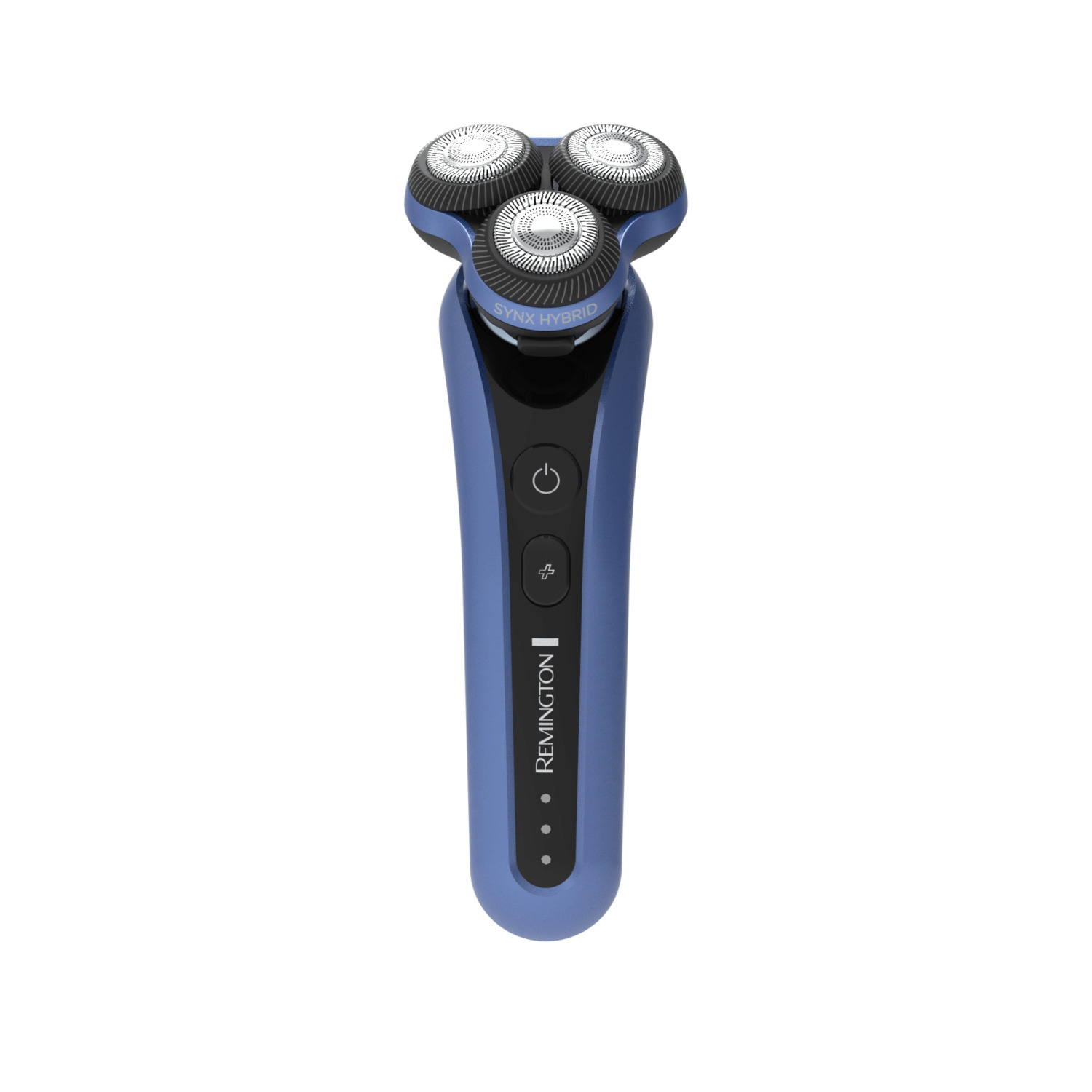 Rasoir électrique bleu avec trois têtes rotatives. Boutons marche/arrêt et vitesse. Fond blanc.