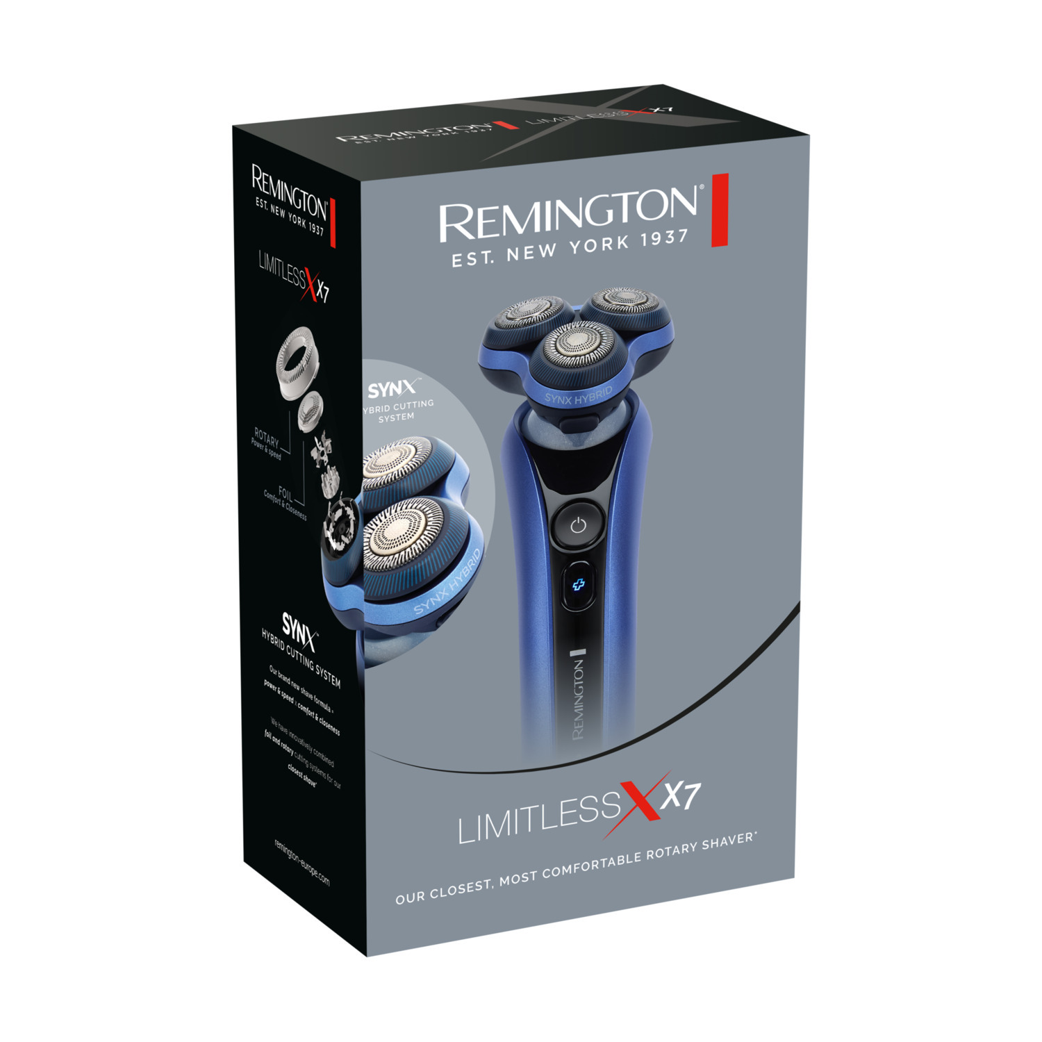 Boîte d'un rasoir Remington. L'image montre le rasoir et ses composants.