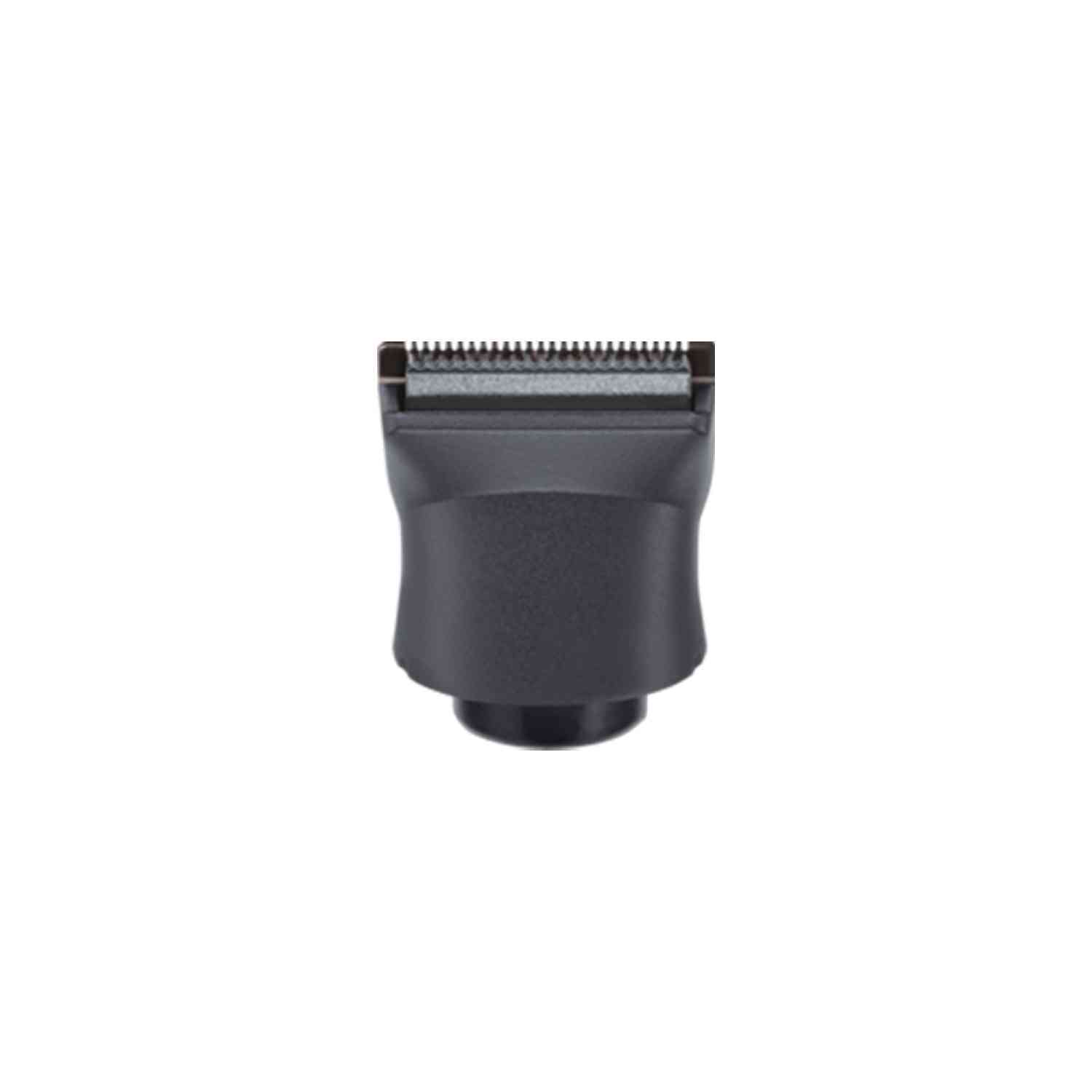 Black hair clipper blade, close-up shot, plain white background.