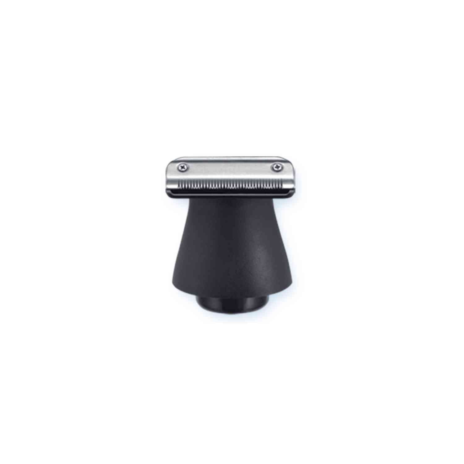 A black and silver beard trimmer head on a white background. The blades are visible.